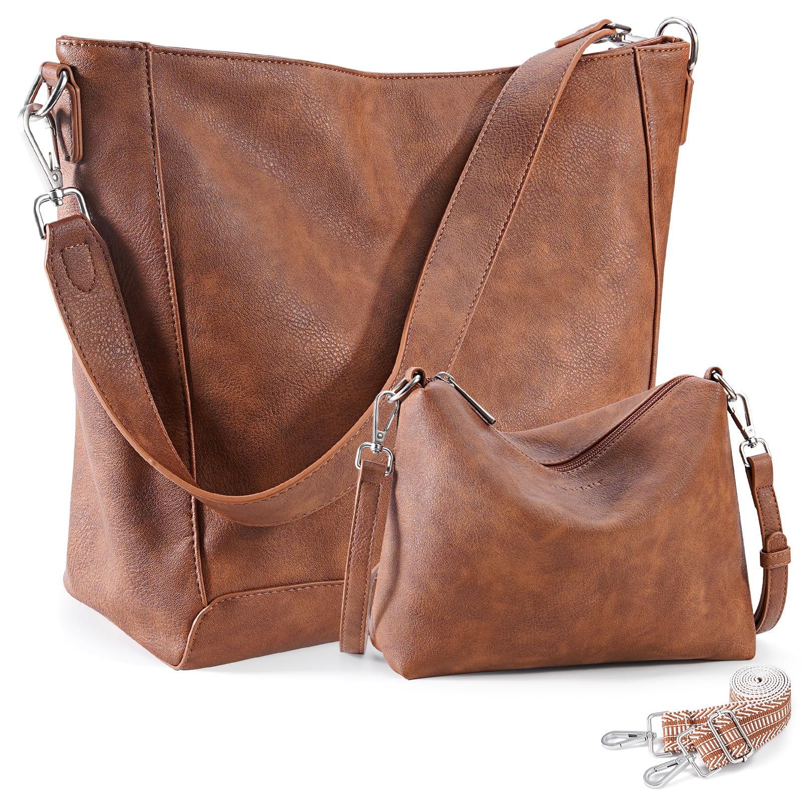 HKCLUF Vegan Leather Crossbody Bags for Women - Trendy 2-Piece Set with Adjustable Straps | Small Hobo Shoulder Purse & Bucket Bag | Perfect for Work, Travel & Everyday Use