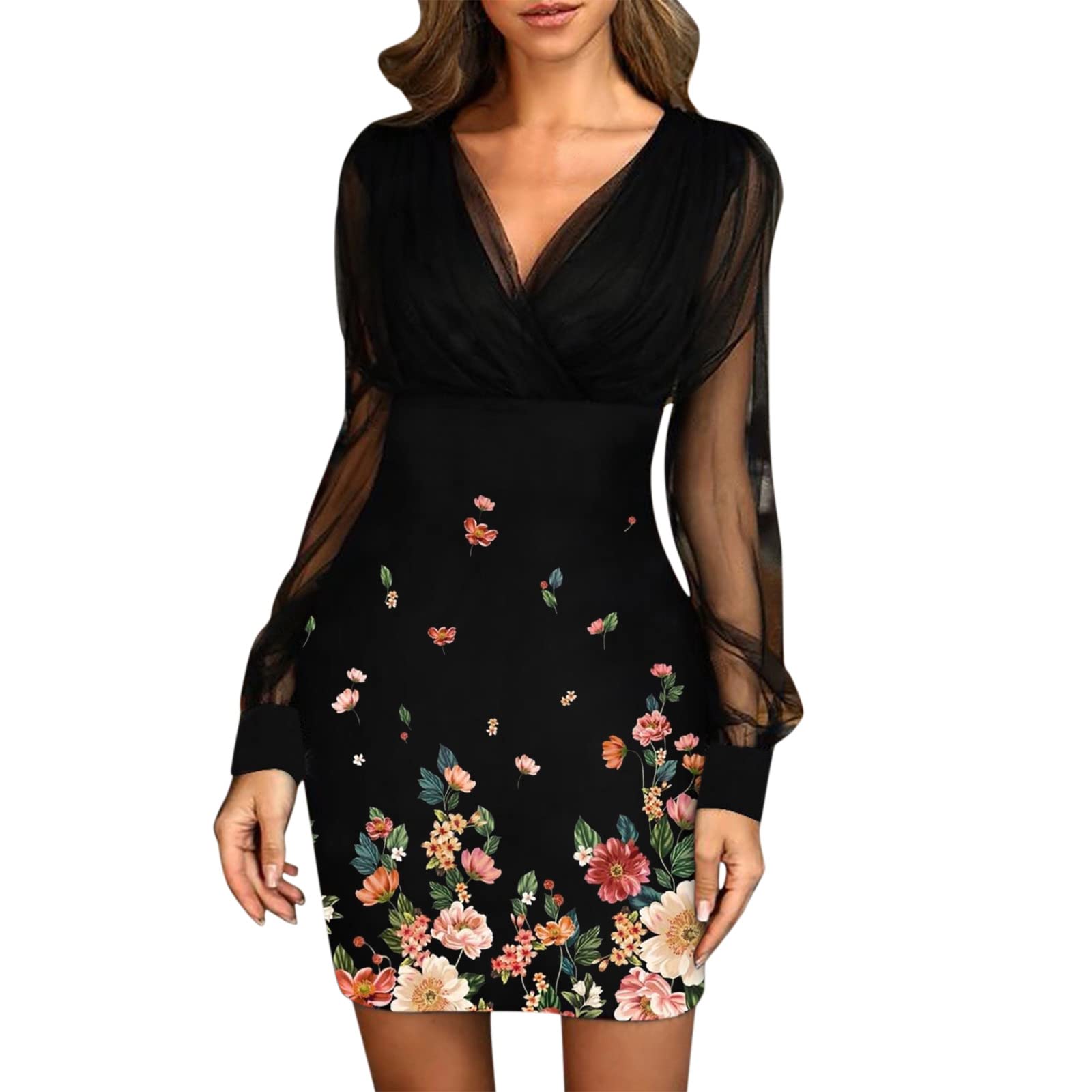 Sexy V-Neck Mesh Long Sleeve Dress for Women - Elegant Retro Lace Beaded Party Club Dress | Perfect for Evening Events, Date Nights & Special Occasions