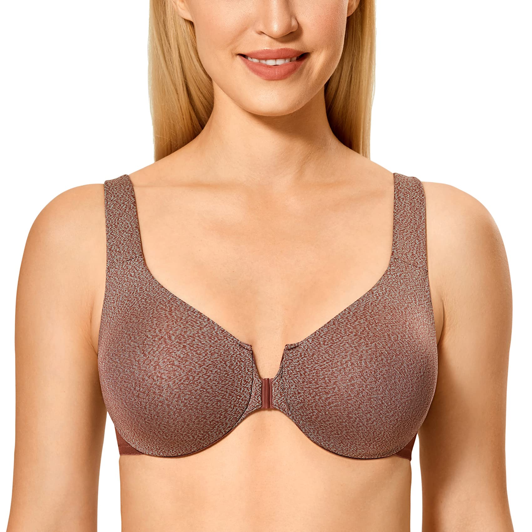DELIMIRA Women's Front Closure Bra - Racerback Plus Size Unlined Underwire Full Coverage Plunge Bras for Everyday Comfort & Support | Perfect for Workouts, Office Wear & Casual Outfits