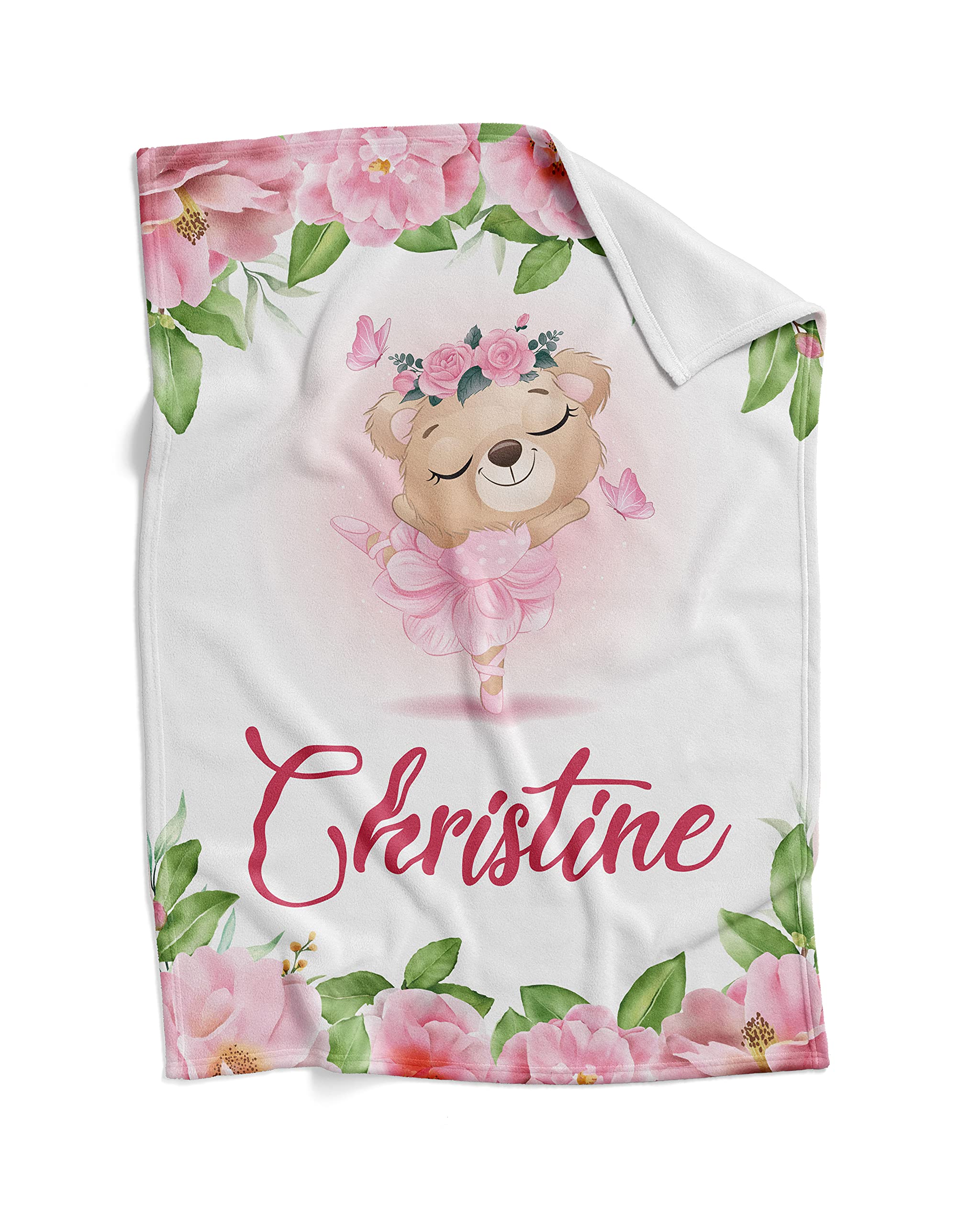 Personalized Baby Blankets for Girls with Name - Floral Custom Baby Blanket Gift for Newborn Girl - Soft & Warm Plush Fleece Blanket with Bear Design - Perfect for Nursery, Christening & Birthday Presents