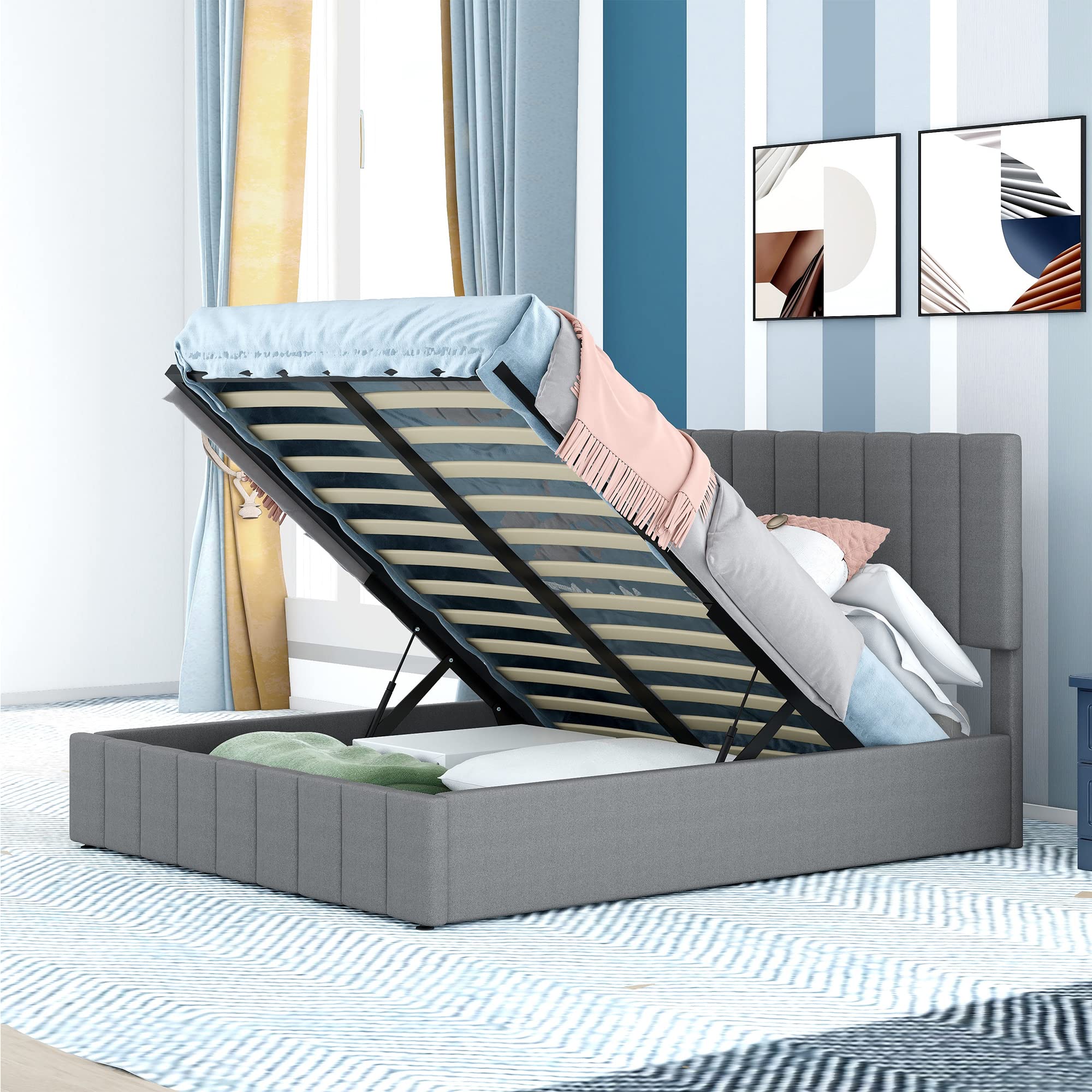 Queen Upholstered Platform Bed with Hydraulic Storage System - Wooden Bed Frame with Gas Lift Storage & Headboard - Grey Modern Bedroom Furniture for Small Space Organization & Guest Room Setup