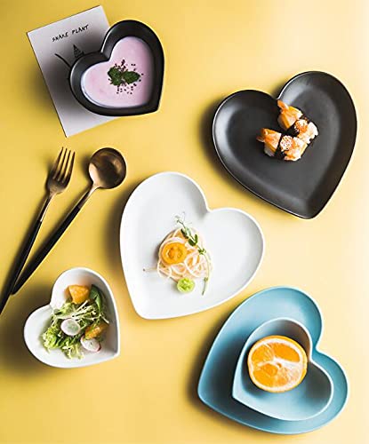 Heart-Shaped Porcelain Side Dish Bowls - Matte Finish Soy Sauce Dishes Set of 4 (Black/White/Blue) | Perfect for Sushi, Dumplings & Asian Cuisine