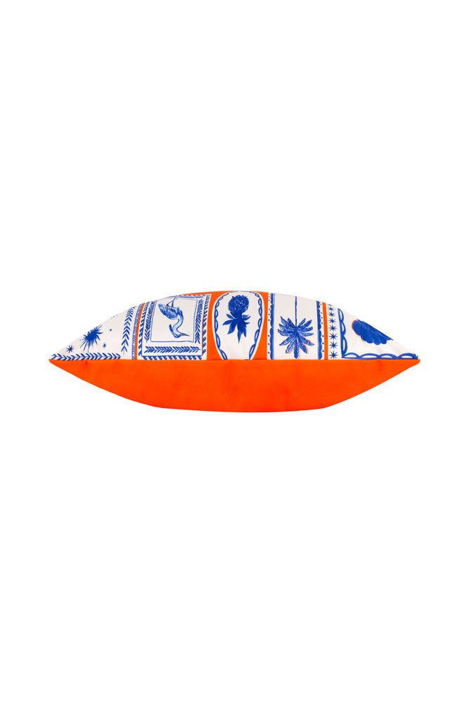 Stylish Blue & Orange Outdoor Cushion with Frieze Pattern - Waterproof & UV Resistant for Patio, Garden, Poolside, and Porch Furniture