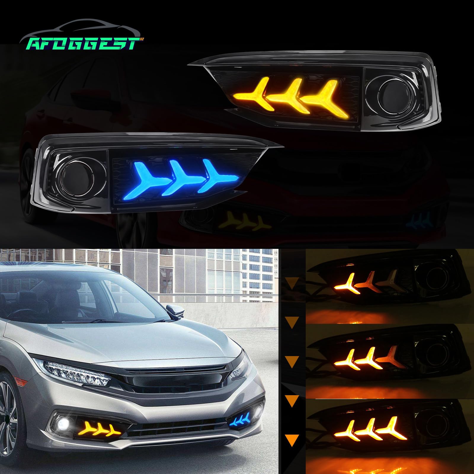 2019-2020 Honda Civic LED Daytime Running Lights (DRL) & Tri-Color Fog Lights Kit with Wiring Harness - Upgrade Front Lighting for Enhanced Visibility & Style