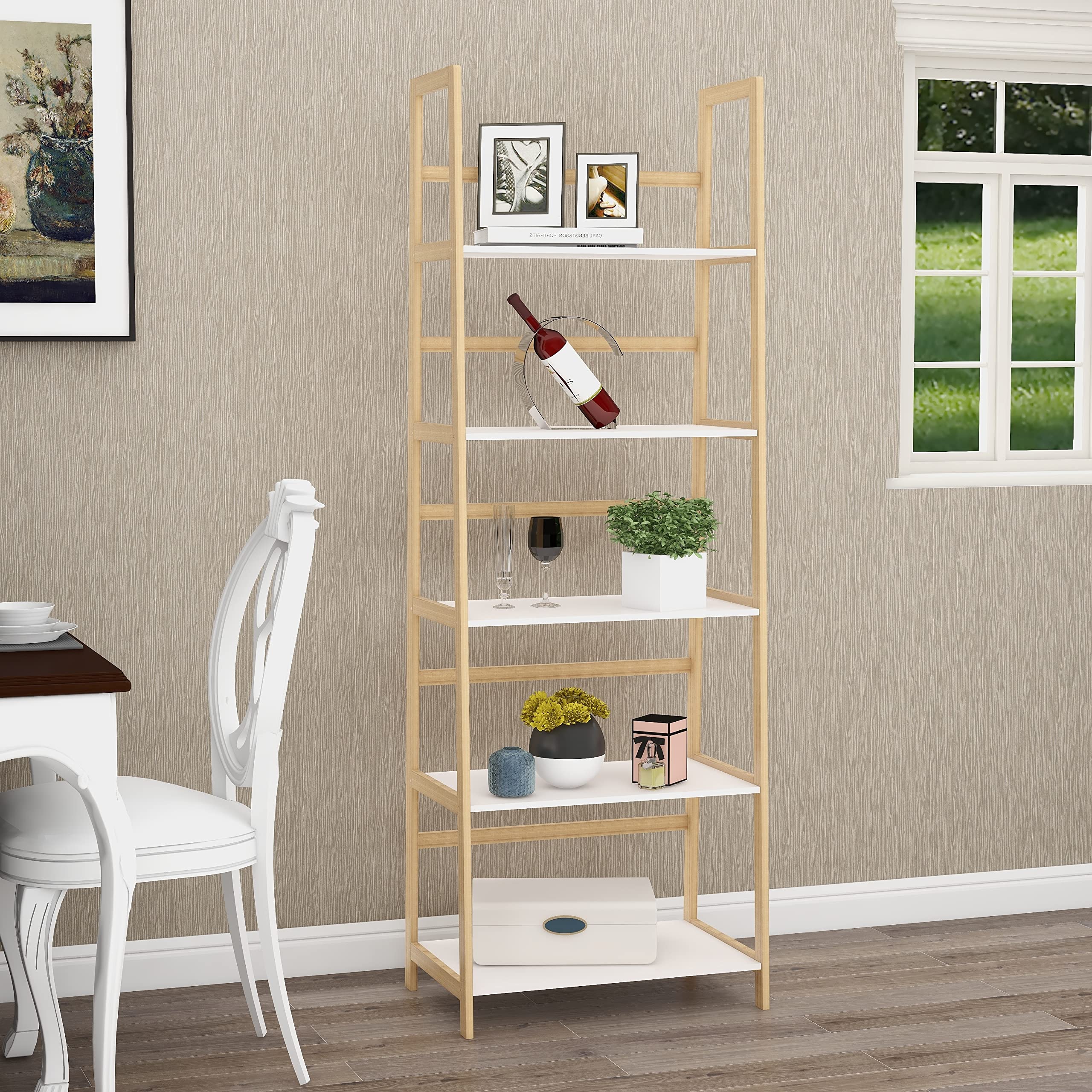 Solid Bamboo Wood 5-Tier Bookshelf - White Modern Contemporary MDF Bookcase for Living Room, Bedroom, or Office Storage and Organization