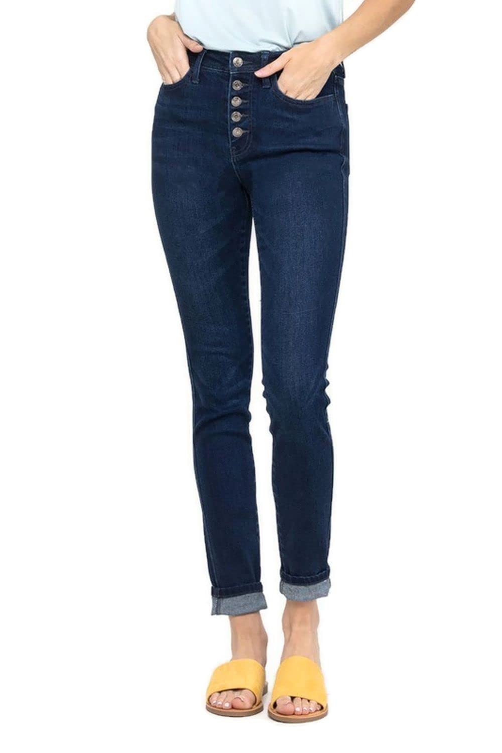 Vervet Women's High Rise Button Fly Cuffed Ankle Skinny Jeans - Stretch Denim Pants for Casual Outfits & Everyday Wear | Perfect for Work, Dates & Weekend Looks