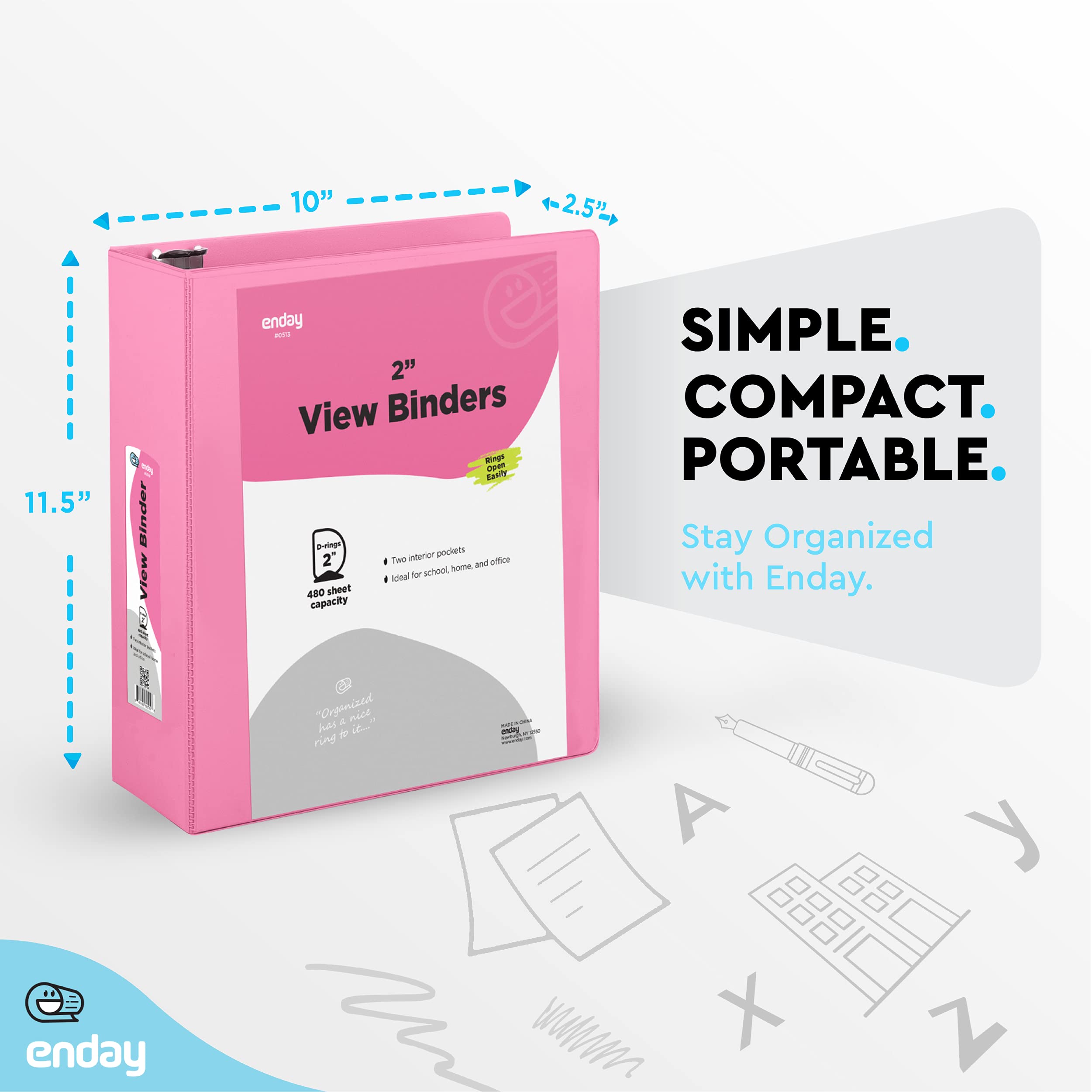 2 Inch 3 Ring Binder with Clear View Cover - 2 Inside Pockets, Heavy Duty Slant D-Ring Binder for School, Office & Home Organization - Pink (2