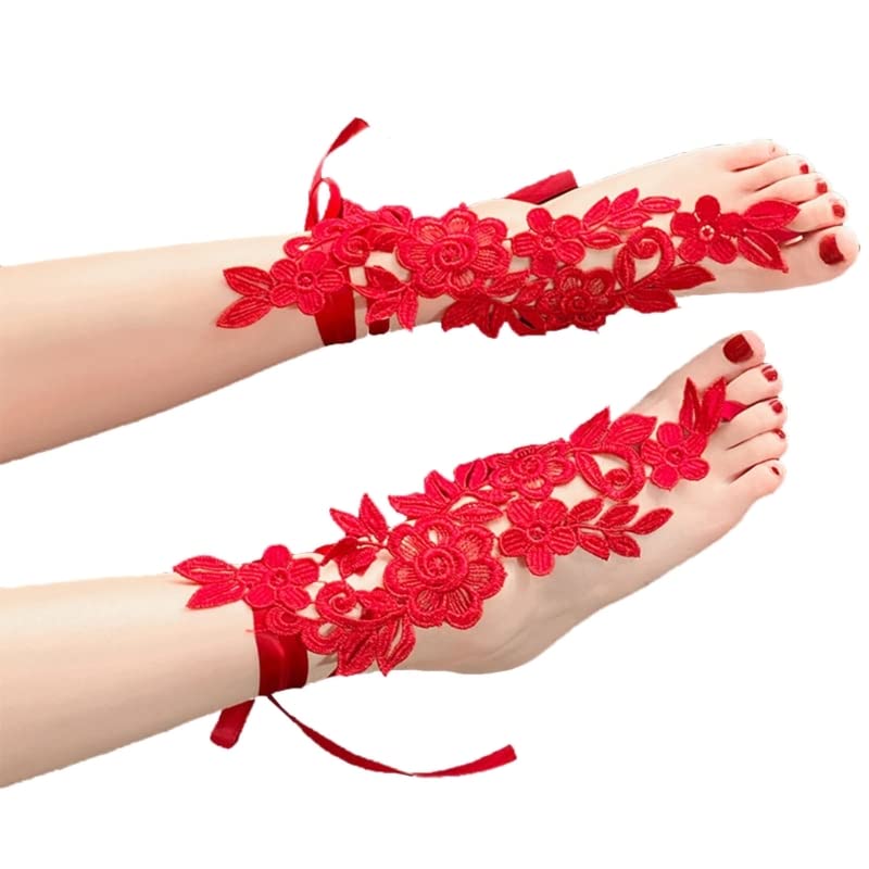 Vintage Floral Lace Barefoot Sandals for Women - Elegant Toe Ring Anklet with Embroidery Flowers, Boho Beach Wedding Jewelry Gift for Her | Perfect for Boho Weddings, Beach Parties, and Summer Festivals