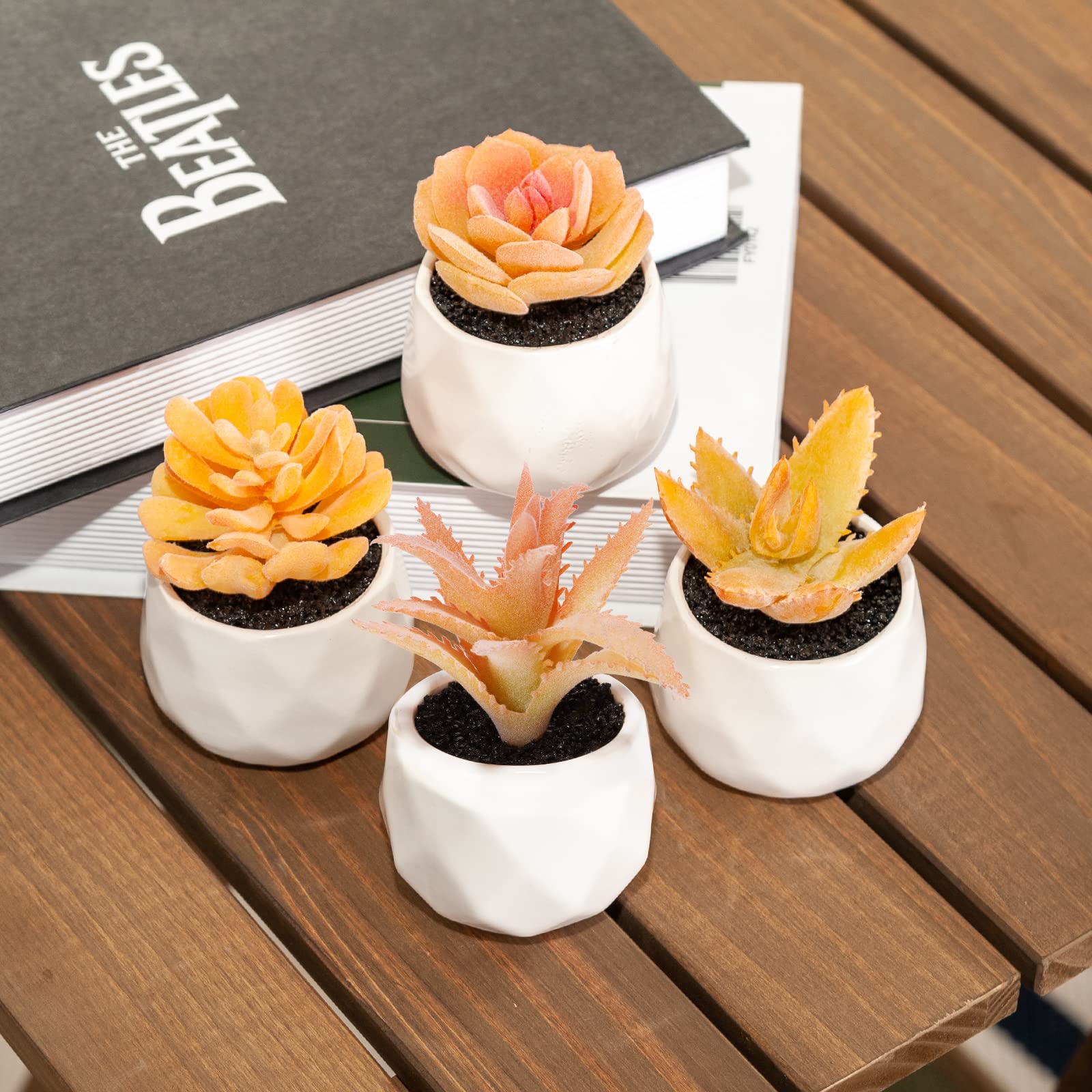 Tiita Artificial Faux Succulents in Mini Orange Pots - 4 Set Realistic Fake Plants for Home & Office Decor - Perfect for Desk, Window Sill, Bathroom, Bedroom & Gift Giving