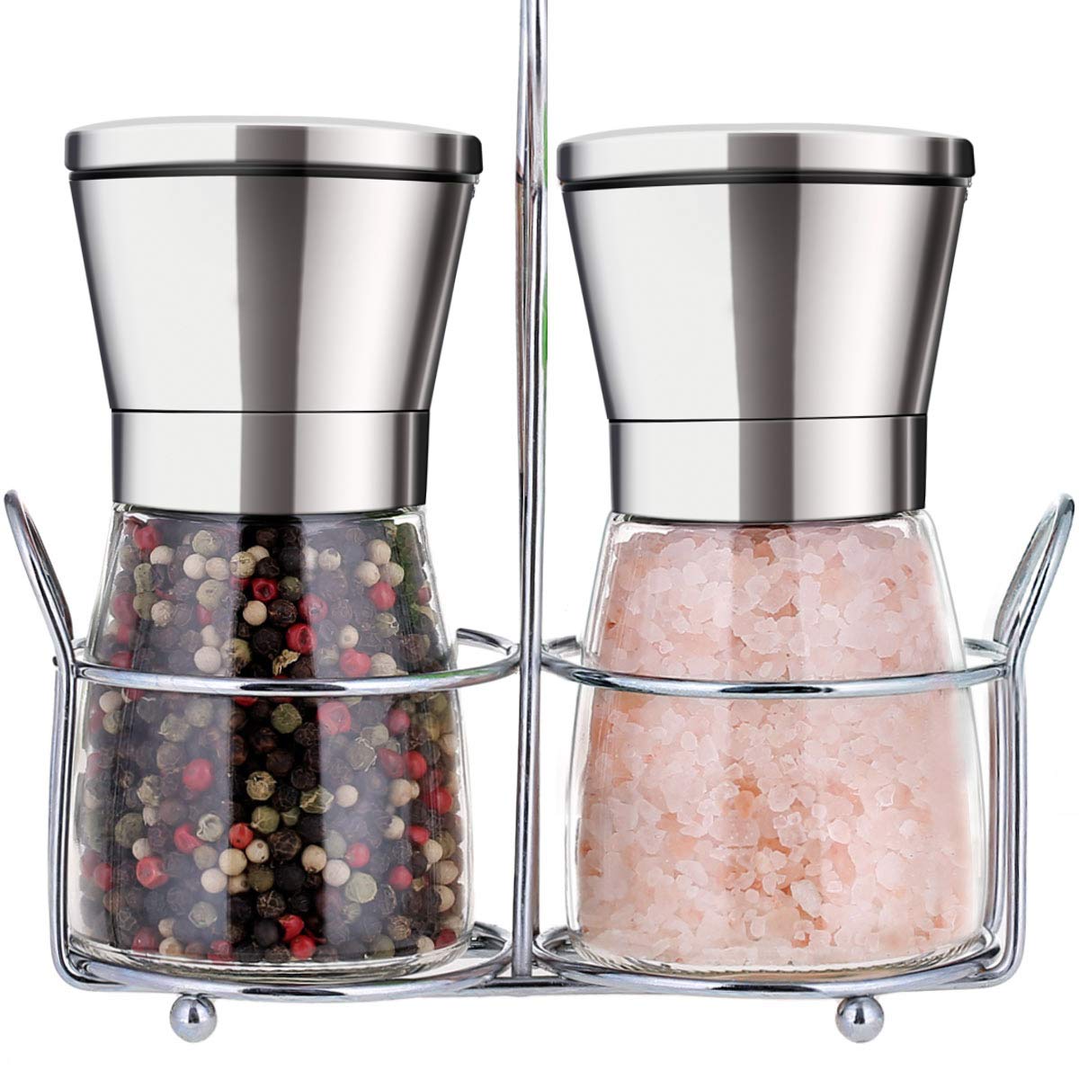 Premium Stainless Steel Salt and Pepper Grinder Set - Adjustable Coarseness with 5 Grinding Levels, Manual Spice Mill with Stand & Silicone Funnel (2-Pack) - Perfect for Kitchen, Dining Table & Outdoor BBQ