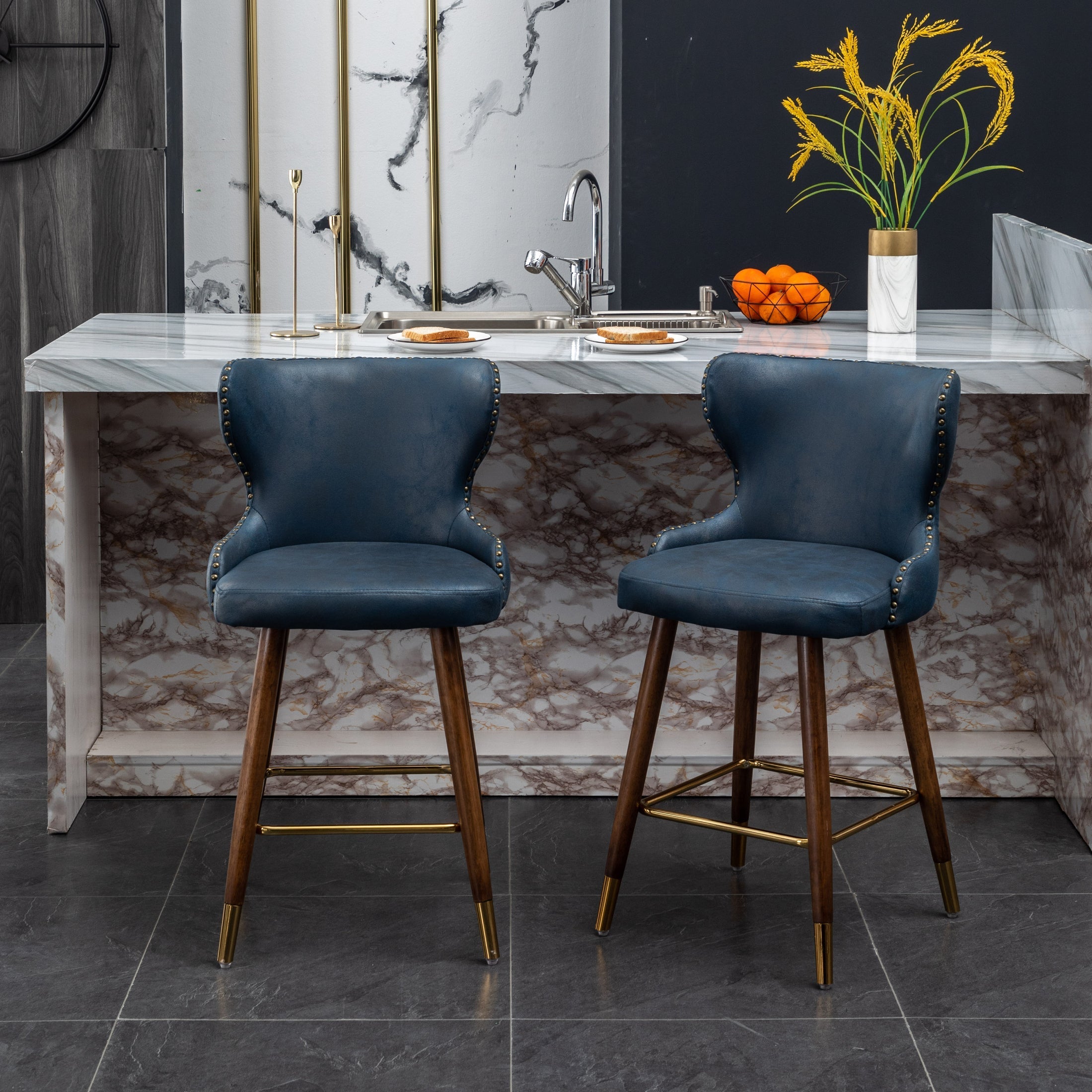 Roundhill Furniture Nevis Mid-Century Modern Faux Leather Tufted Counter Stool with Nailhead Trim - Set of 2, Blue - Perfect for Kitchen Islands, Breakfast Bars & Home Decor