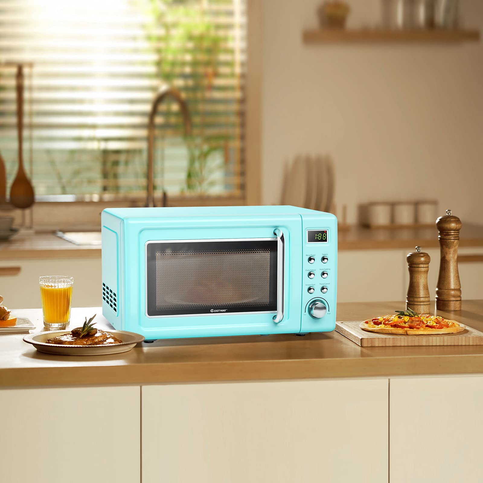 ARLIME 0.7Cu.ft 700W Small Countertop Microwave Oven with 5 Power Levels, Auto Cook & Defrost Functions, Stainless Steel Interior, LED Display - Retro Style Compact Microwave for Kitchen, Dorm, RV, Office & Small Spaces (Green)