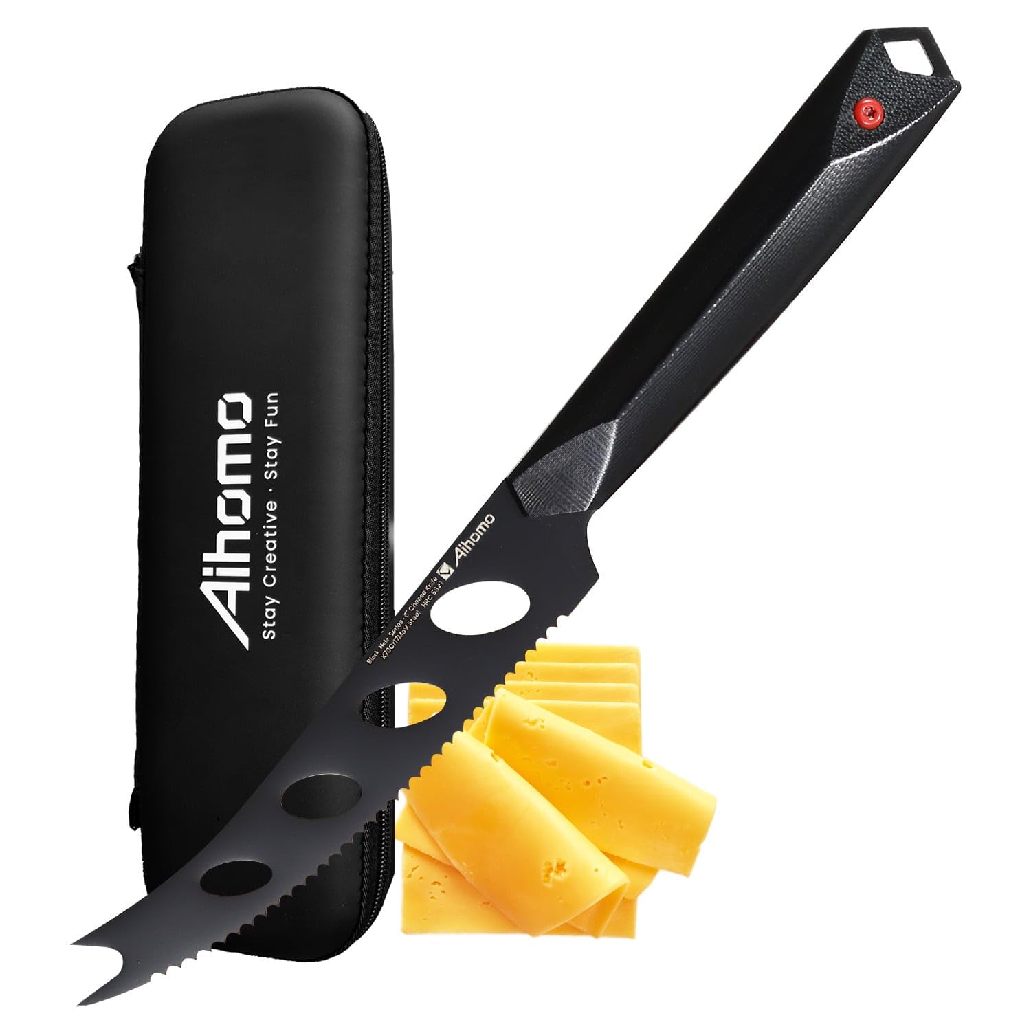 6 Inch Black Cheese Knife with Serrated Edge - X70Cr17MoV High Carbon Stainless Steel Tomato Knife, Non-Stick Full Tang Blade with Storage Case - Perfect for Slicing Cheese, Fruits, Vegetables, Bread and Toast - Ideal for Kitchen, Camping, Picnics and BBQ Parties