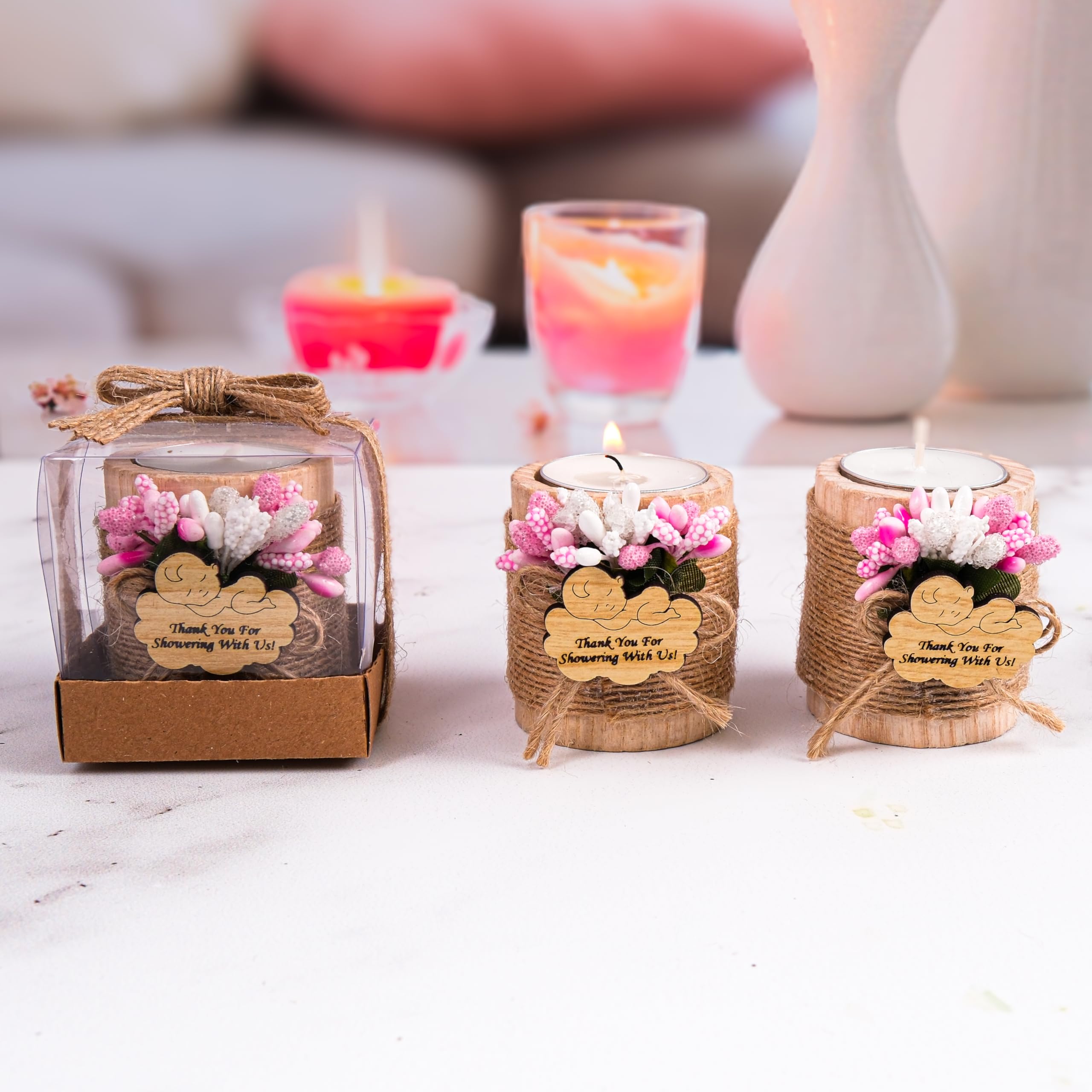 10 Pack Wooden Tealight Candle Holders for Baby Shower Decorations - Pink & Light Brown Baby Shower Gifts, Party Favors, Wedding Centerpieces, Romantic Home Decor