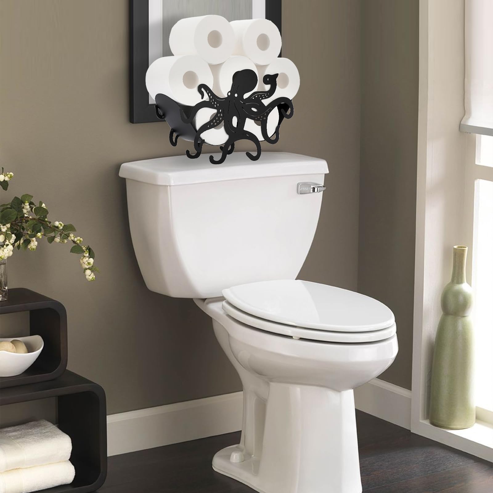 Octopus Toilet Paper Holder - Freestanding Metal Bathroom Tissue Roll Organizer for Shelf, Table, Counter & Floor | Whimsical Home Decor for Bathroom, RV & Office Use