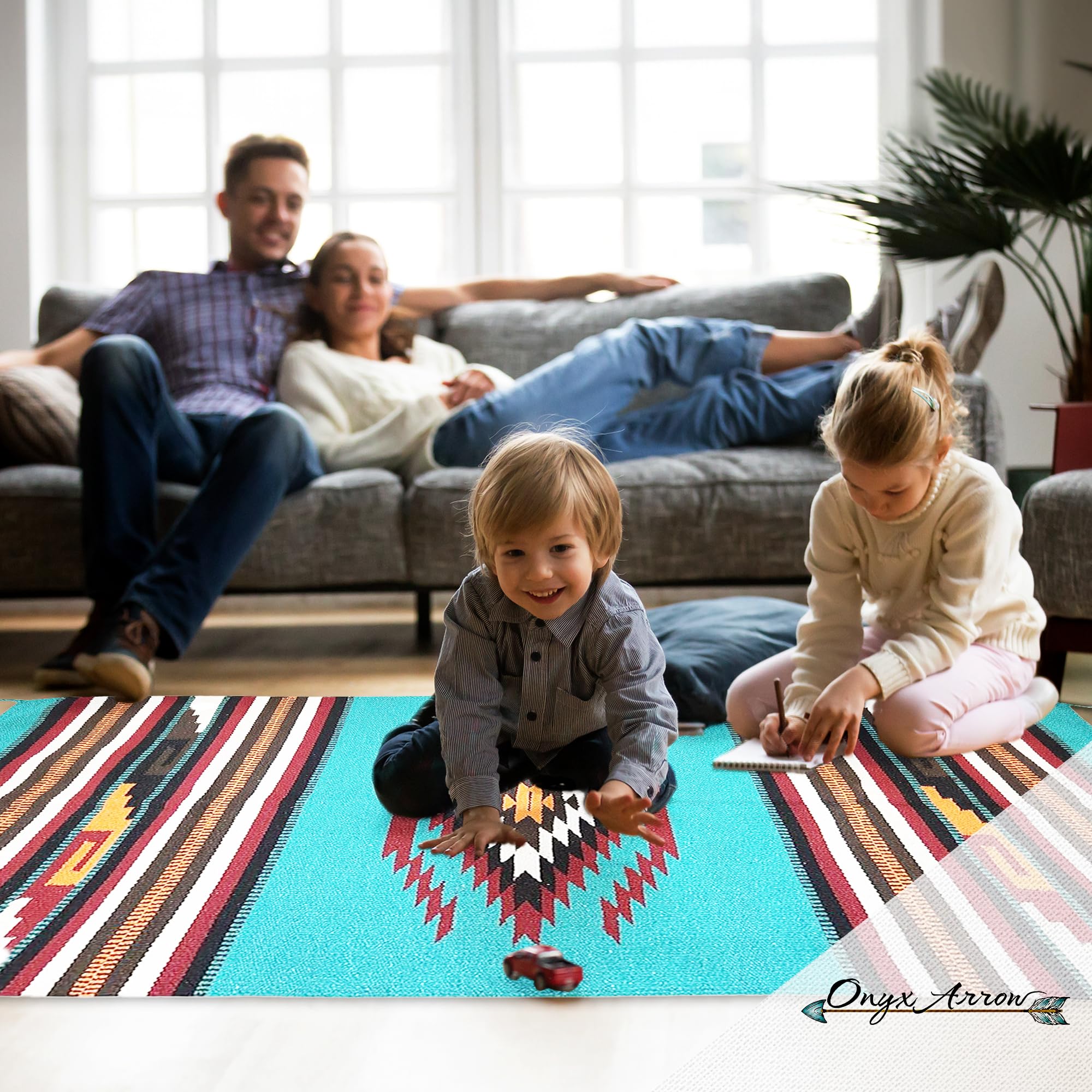 Southwestern Boho Washable Area Rug - Indoor/Outdoor Farmhouse Decor Rug - Western Style for Living Room, Dining, Bedroom - Eagle Eye Design in Teal/Maroon - 32x64 Inches - Perfect for Southwest Home Decor, Patio & Boho Chic Spaces