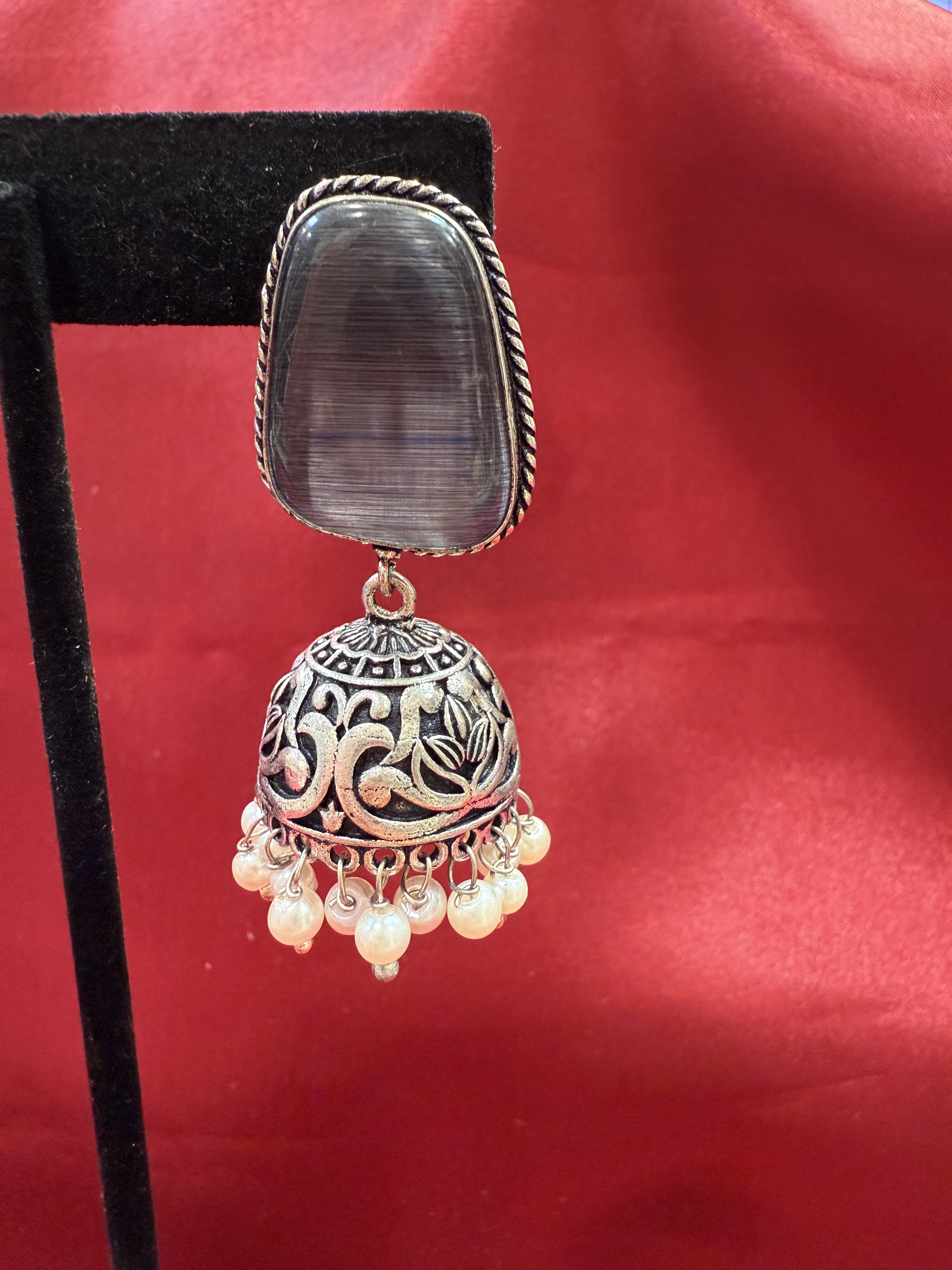 Elegant Oxidized Dark Gray Stone Jhumka Earrings with White Bead Danglers - Perfect for Indian Weddings, Festivals & Boho Fashion