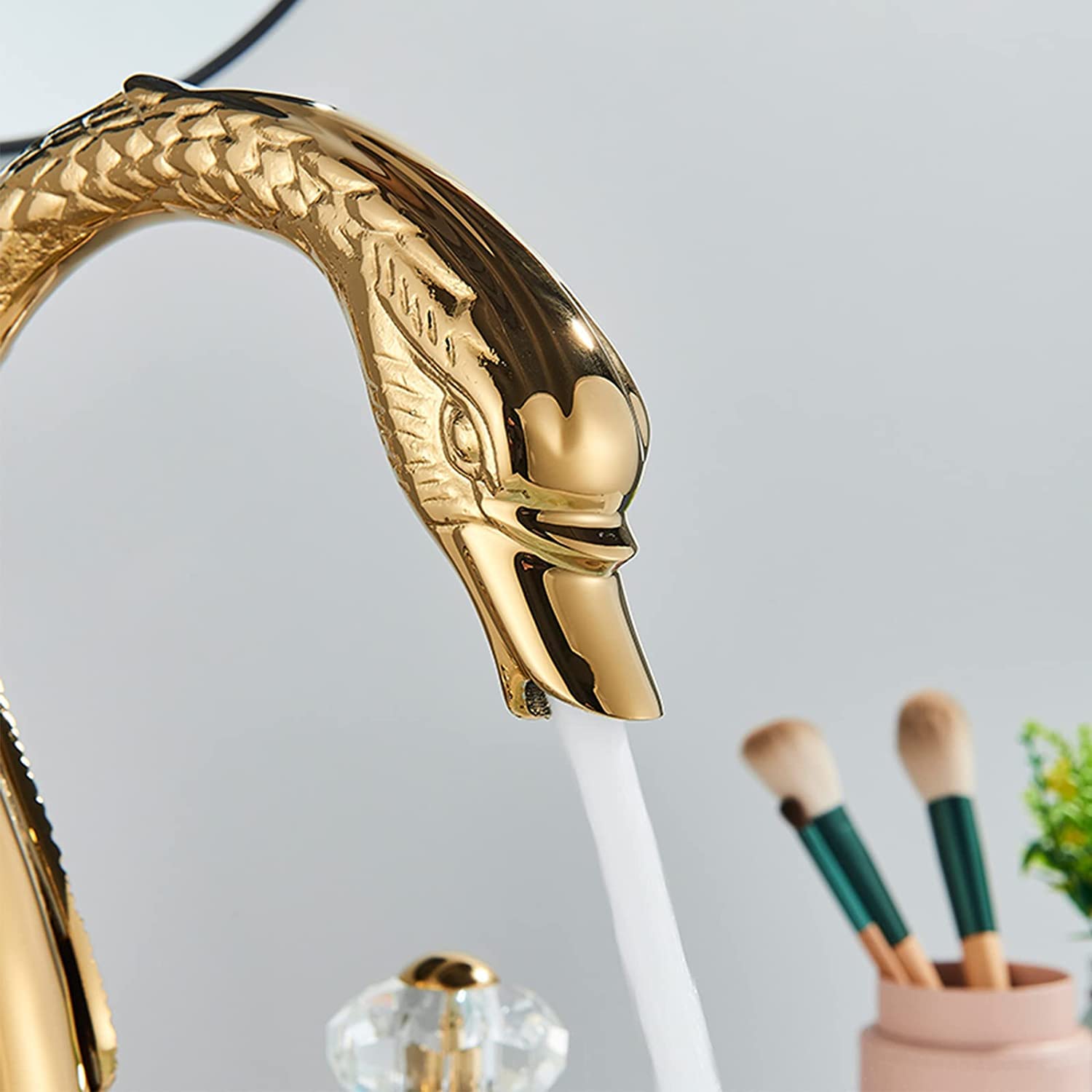 Premium Swan Neck Bathroom Faucet - Elegant Brass Vessel Sink Faucet with Crystal Knob & Double Handle - Perfect for Modern Bathroom Vanity and Powder Room Decor