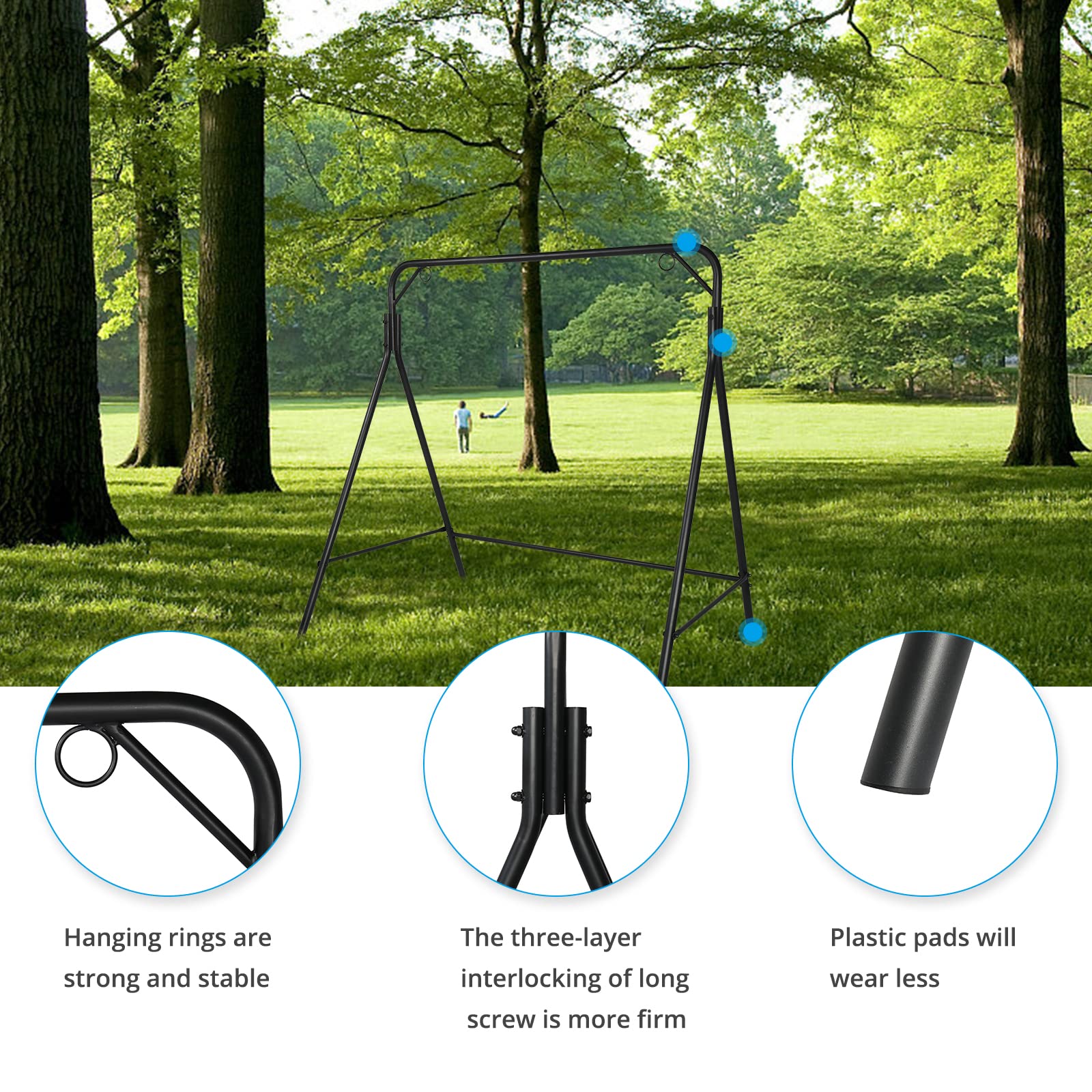Outdoor Metal Patio Swing Bench with A-Frame Stand - Heavy Duty 550LB Capacity Powder Coated Steel Swing Seat & Frame - Perfect for Backyard, Garden, Porch or Deck Relaxation (Matte Black)
