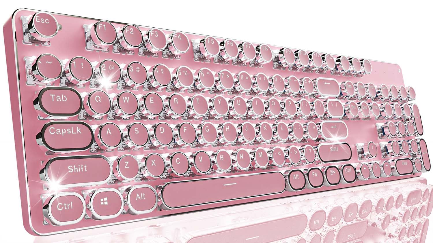 EWEADN TK950 Wireless Mechanical Keyboard - 104 Key Aesthetic Typewriter Style with White Backlit, Blue Switch, Anti-Ghosting (Bluetooth/2.4GHz/USB-C) - Pink Cute Keyboard for Writers, Gamers & Office Work