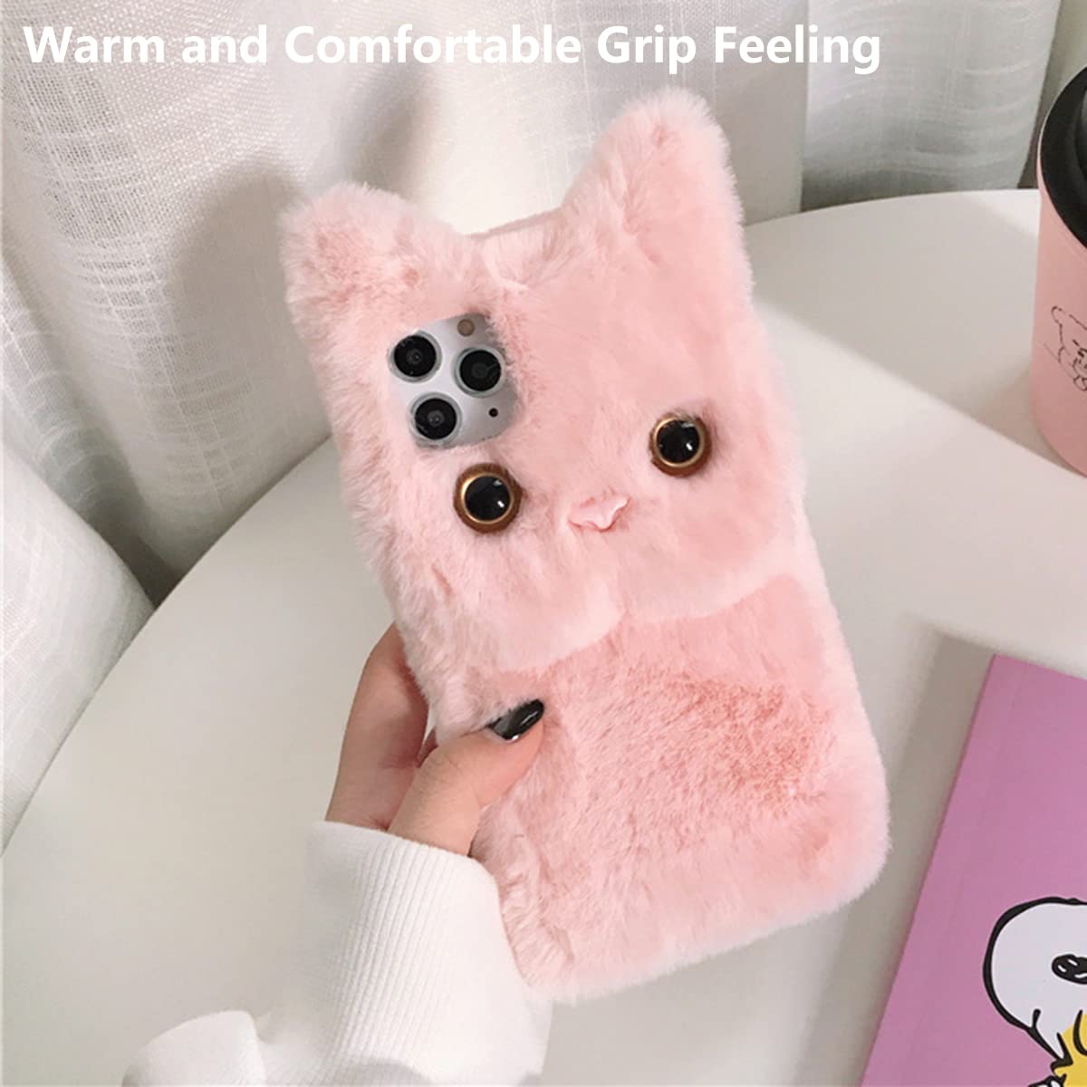 Cute Cat Phone Case for iPhone 13 Mini - Soft Fluffy Furry Plush Protective Cover with TPU Shockproof & Anti-Scratch Shell - Pink Winter Warm Case | Perfect Gift for Cat Lovers, Great for Daily Use & Outdoor Activities
