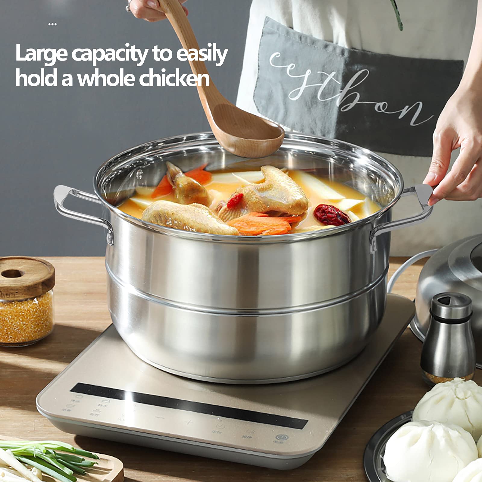 5-Layer Stackable Stainless Steel Steamer Pot with Glass Lid - 304 Rustproof Food Steamer for Vegetables, Dumplings & Seafood - Perfect for Healthy Cooking, Meal Prep & Asian Cuisine