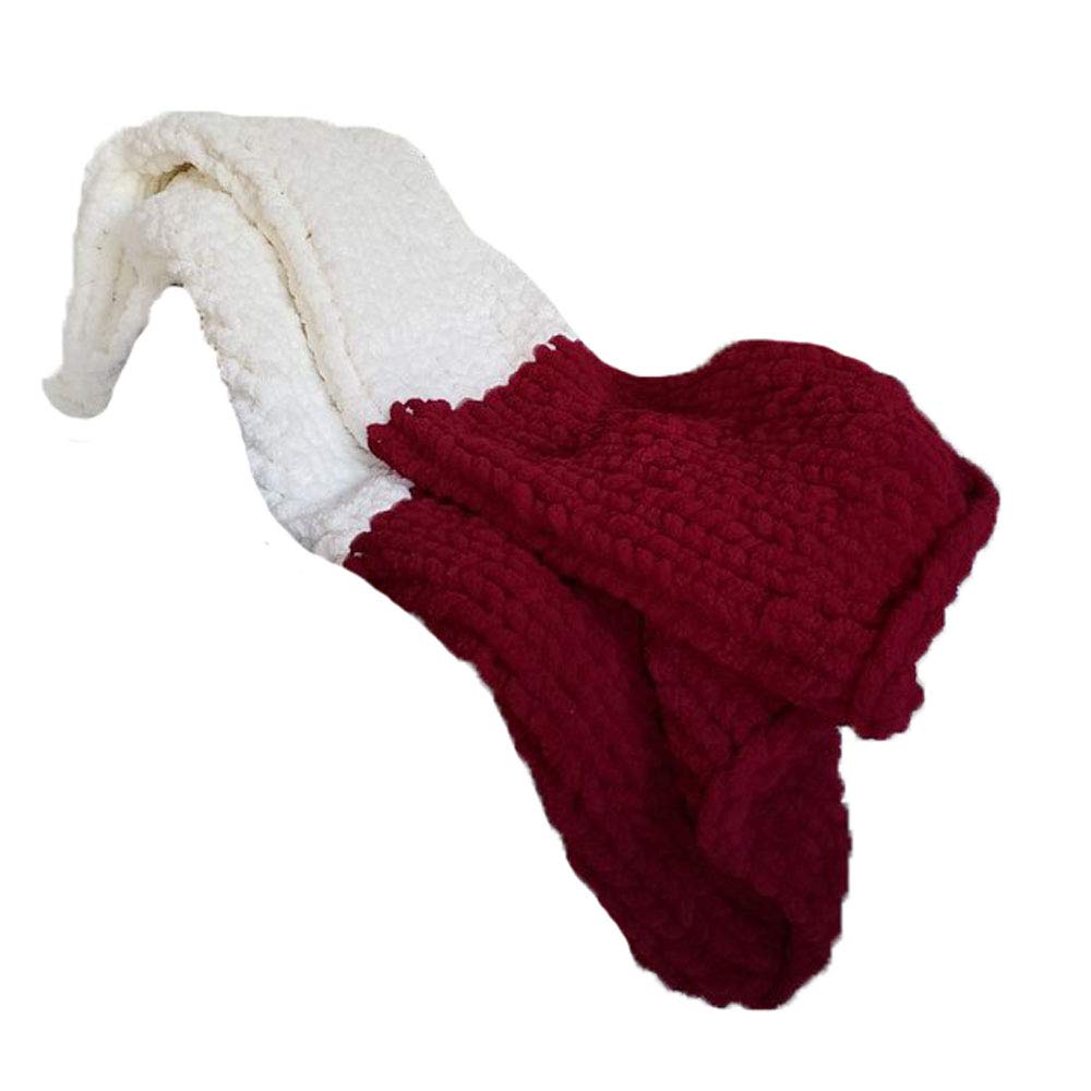 Fluffy Chenille Yarn Throw Blanket - Wine Red & Cream White Chunky Knit Blanket for Adults & Kids | Handmade Arm Knit Blanket | Cozy Winter Gift for Christmas, Bedroom, Sofa & Home Decor