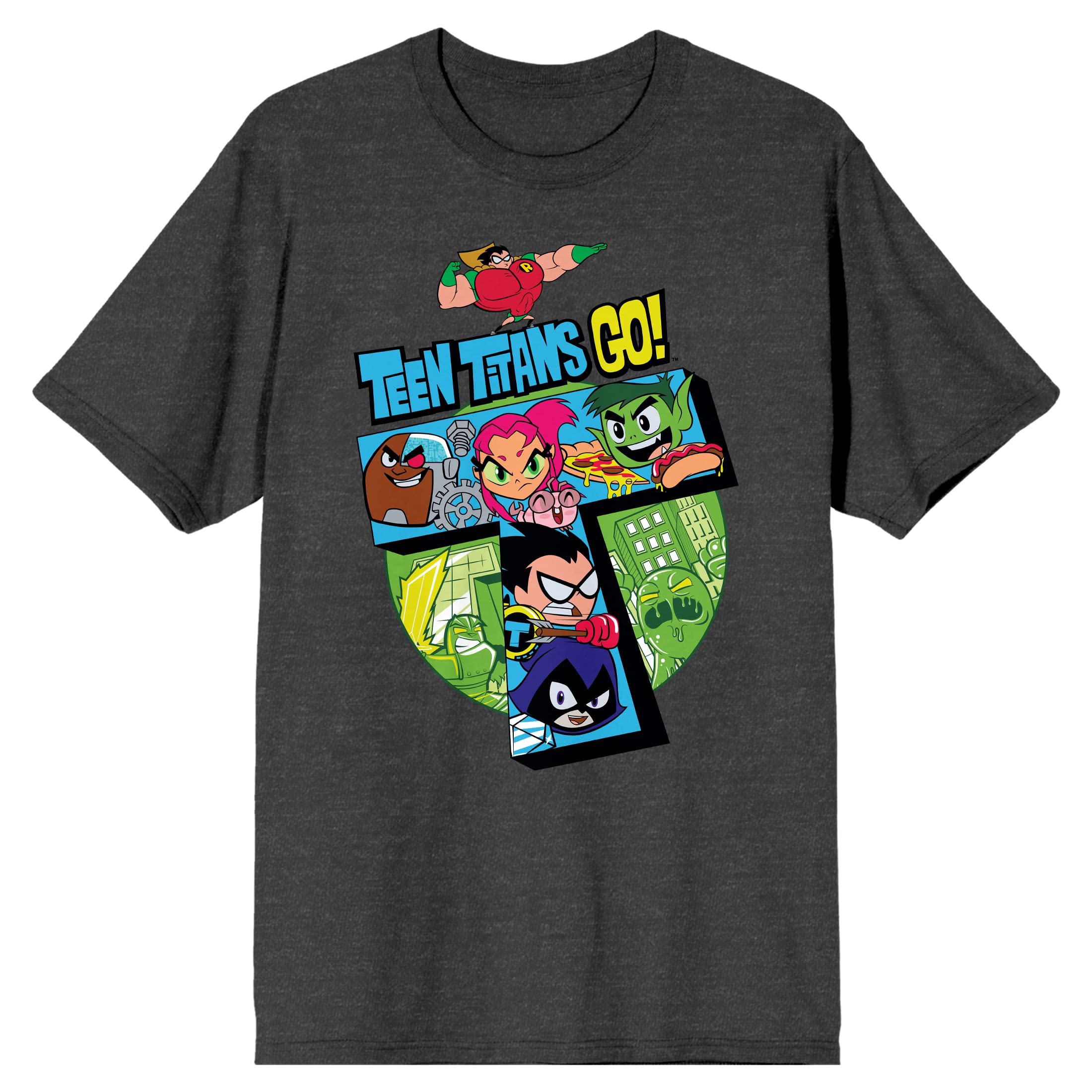 Teen Titans Go to The Movies Official Merchandise - 5 Main Heroes Graphic T-Shirt for Men - Charcoal Heather Gray Cotton Tee - Perfect for Cosplay, Comic Con & Superhero Fans