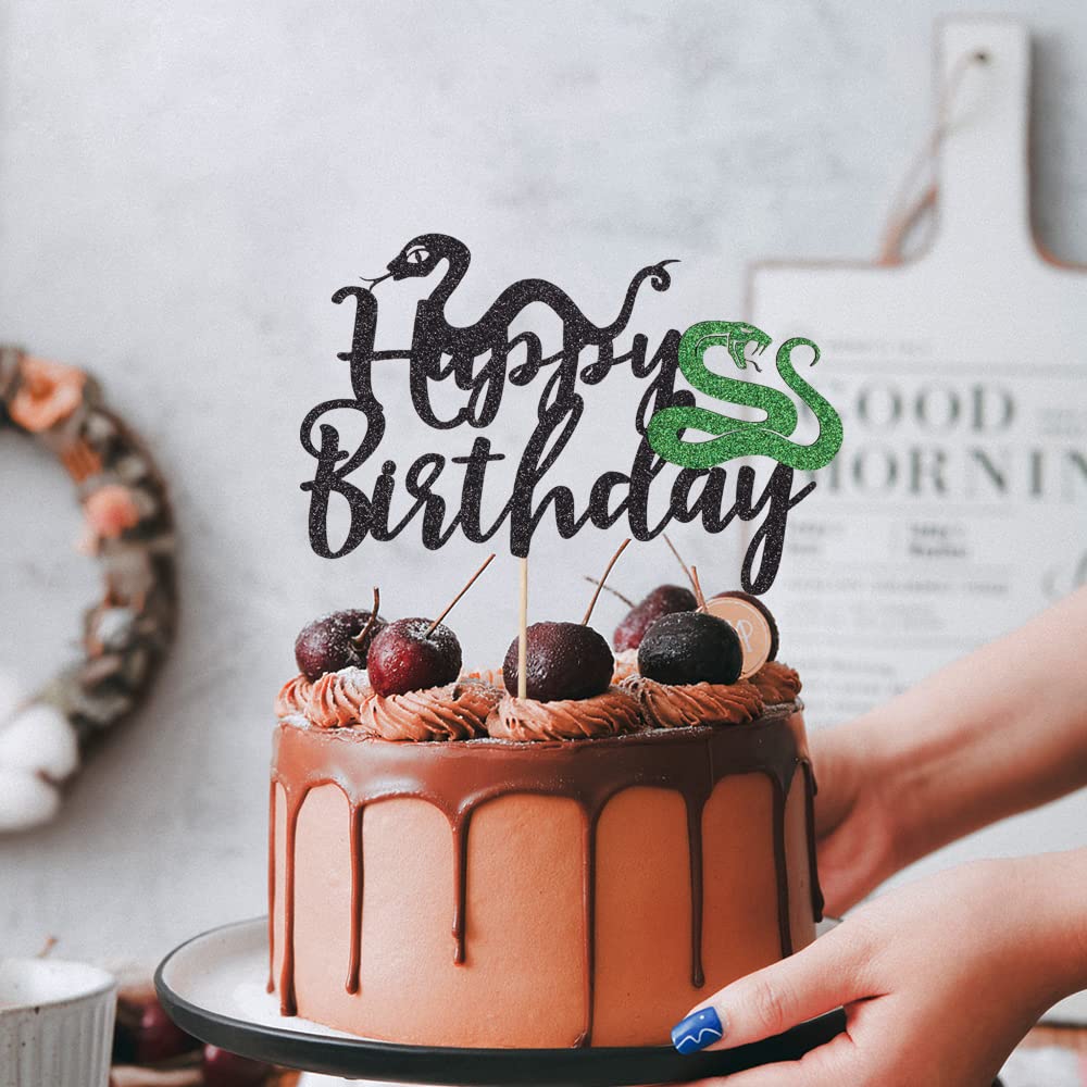 Black Glitter Snake Cake Topper - Snake Theme Happy Birthday Cake Decoration - Animal Theme Party Supplies for Birthday, Baby Shower & Halloween Celebrations