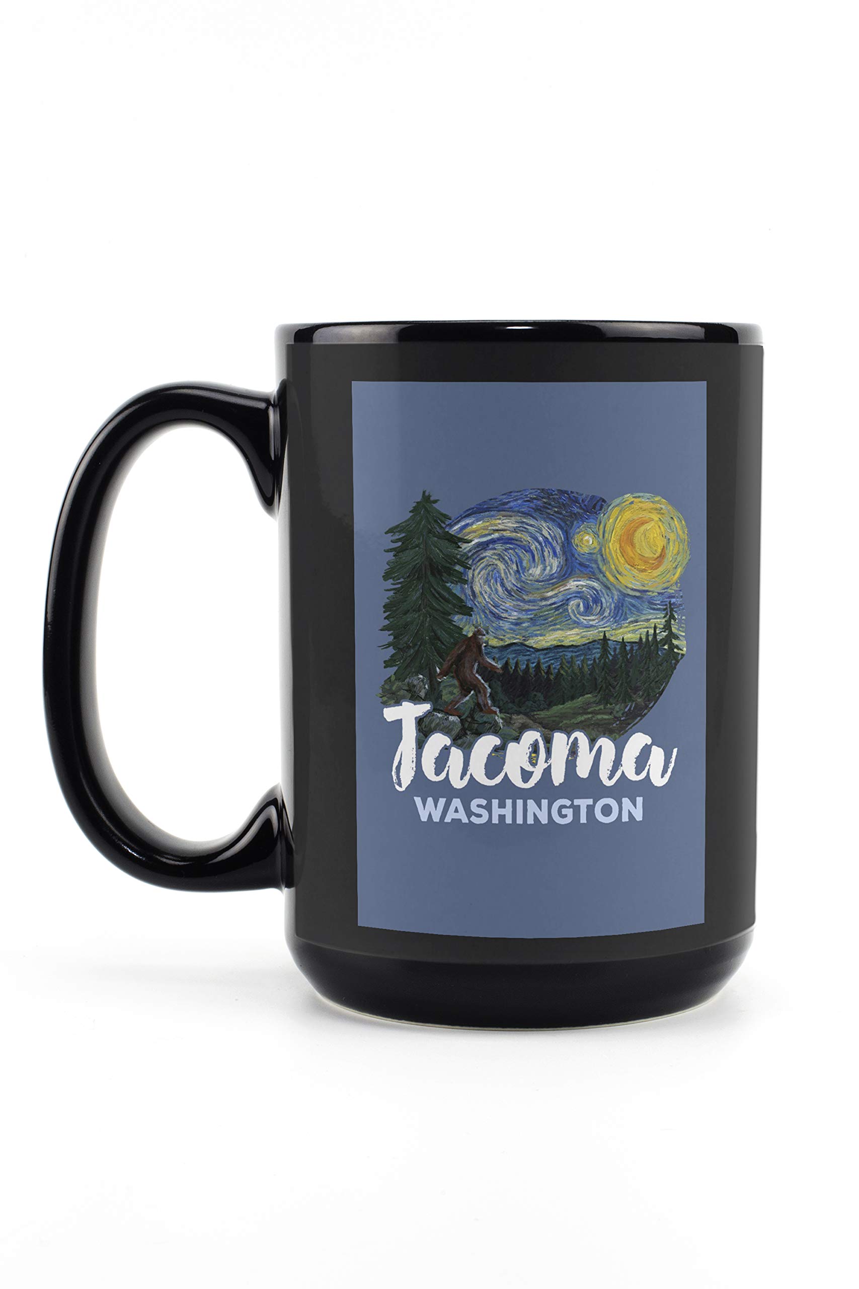 Lantern Press Tacoma Washington Bigfoot Starry Night Contour 15oz Black Ceramic Coffee Mug - Microwave & Dishwasher Safe - Perfect for Home, Office & Camping Use