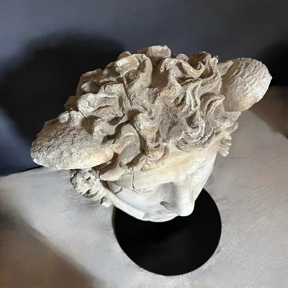 Medusa Head Gypsum Sculpture on Pedestal - Greek Mythology Decor for Home, Office & Garden