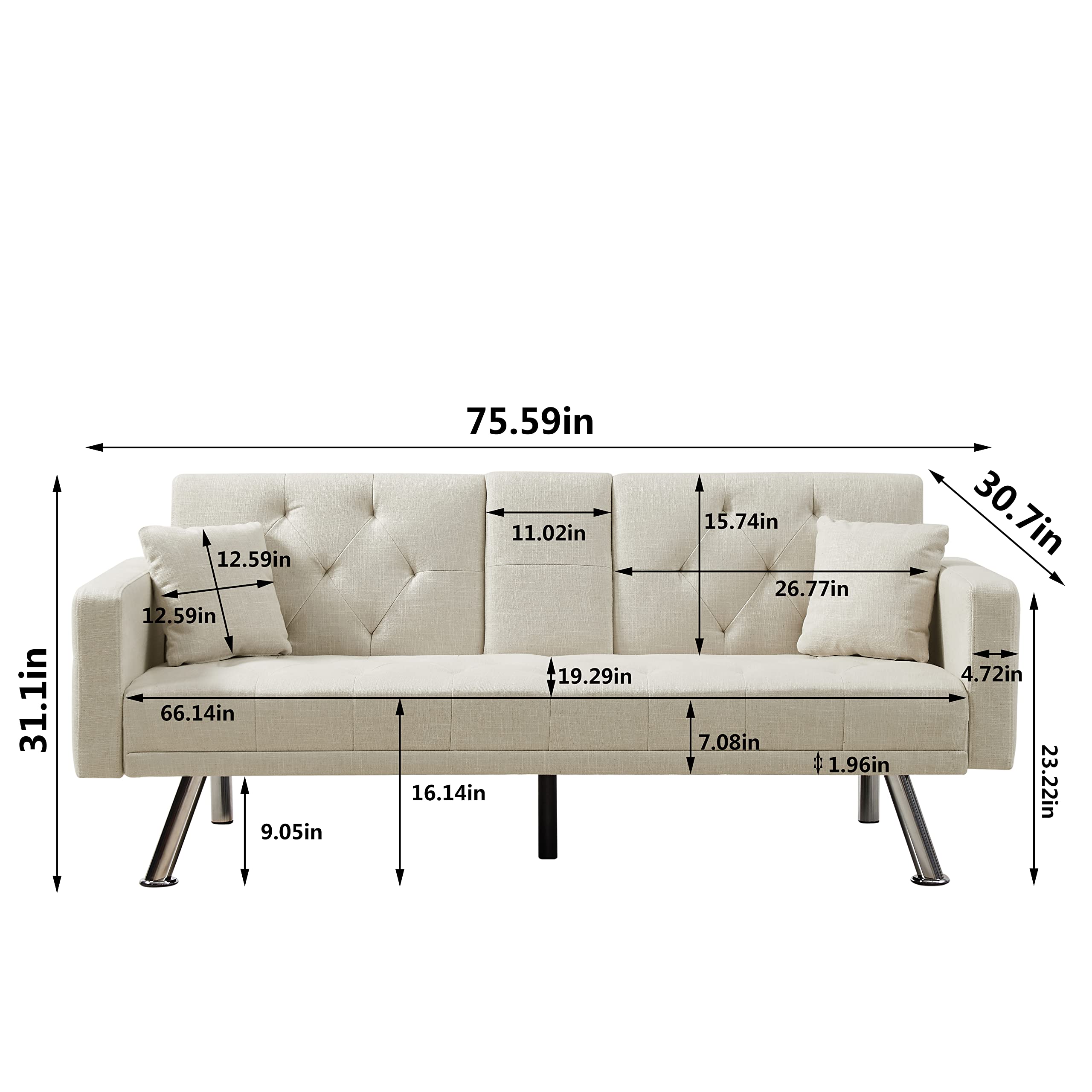 YOGLAD Modern Tufted Recliner Sofa Bed - Convertible Fabric Futon with Cup Holder & Metal Legs - 75