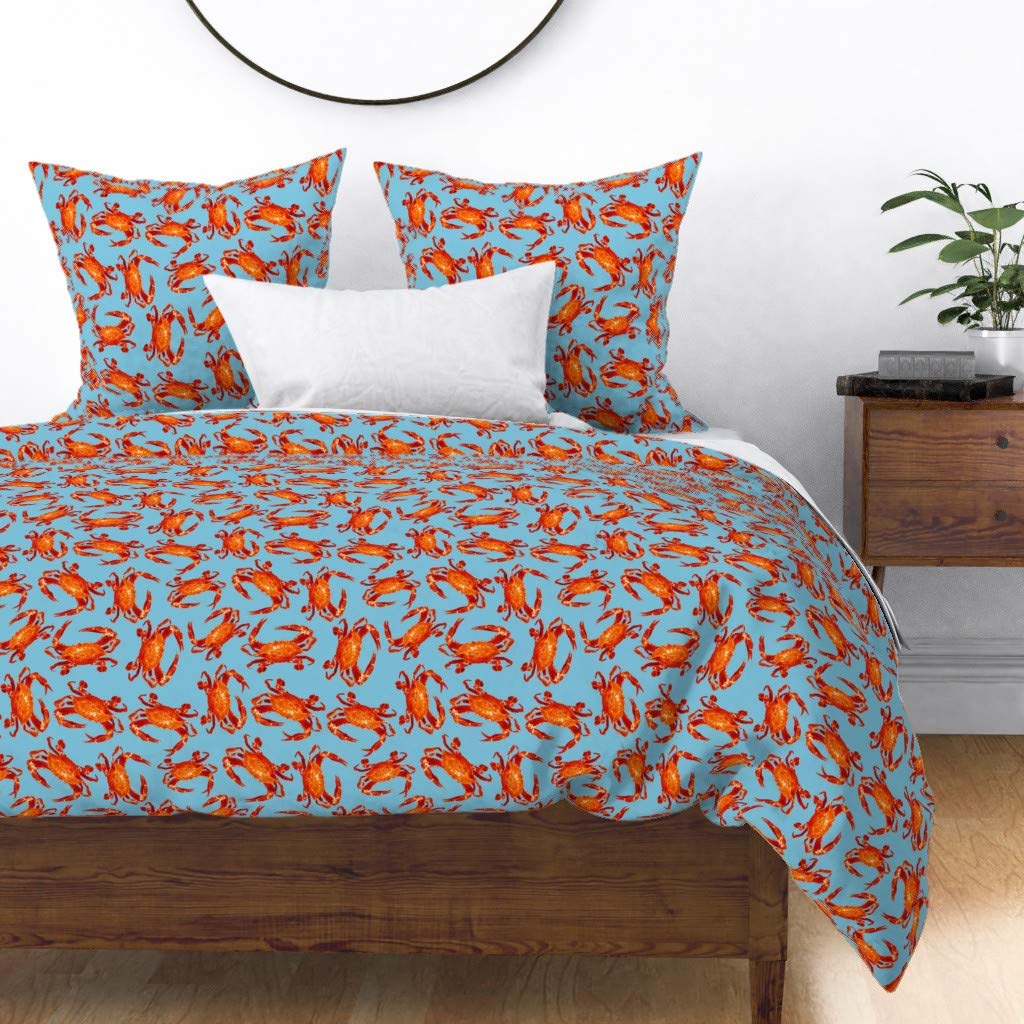 Premium Spoonflower Cotton Sateen Duvet Cover - King/California King Size - Vibrant Blue Lobster & Seafood Print - Coastal Summer Bedding for Beach House & Nautical Themed Bedrooms