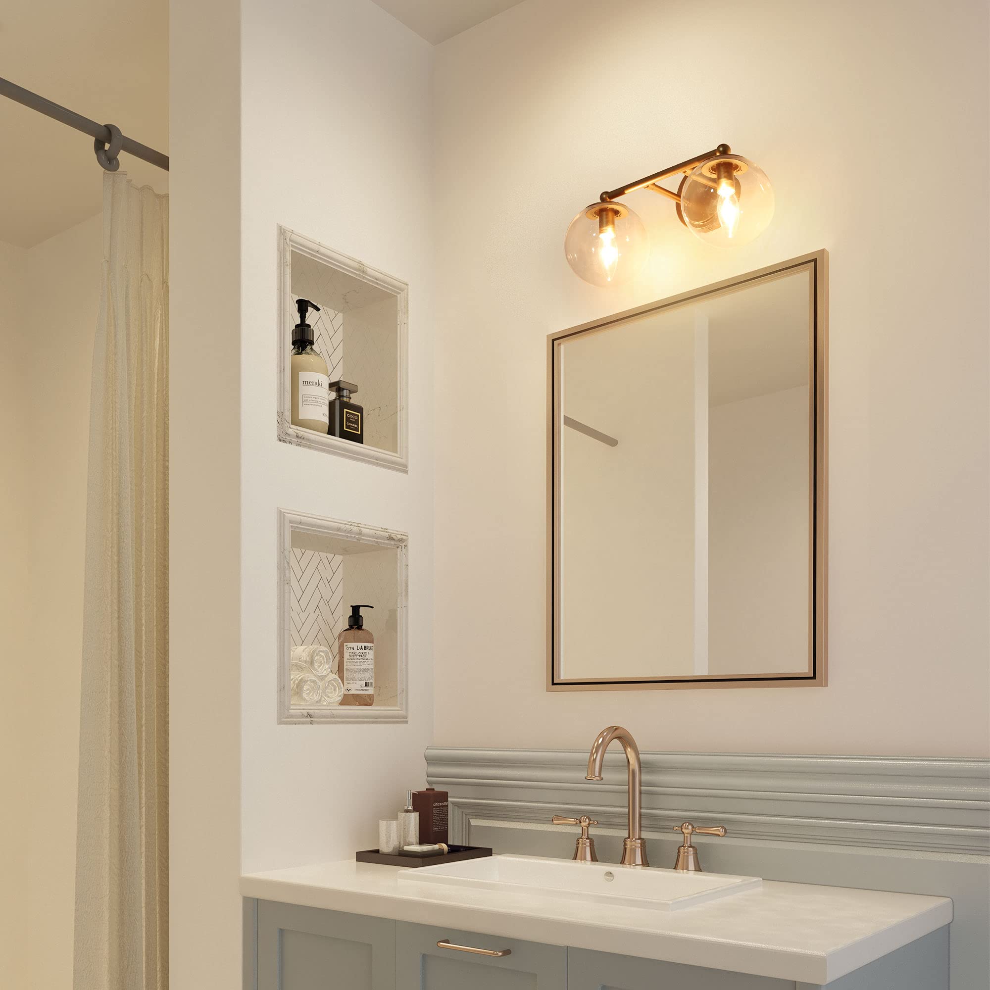 Modern Gold Bathroom Vanity Light Fixture - 2-Light LED Bathroom Sconce with Clear Glass Globe Shade (15