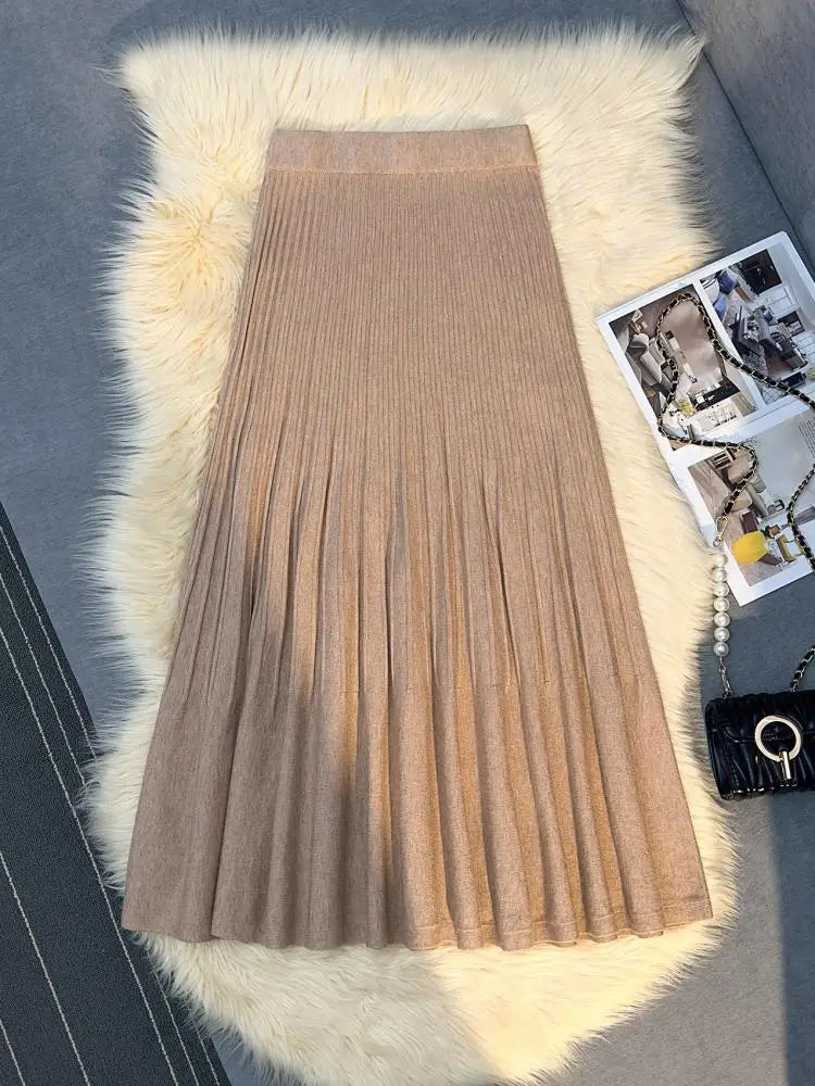 Elegant Women's Knitted Long Skirt - High Waist Elastic Wrap Pleated Skirt for Autumn Winter 2024 | Casual Party Vacation Outfit | Perfect for Office, Date Night & Holiday Gatherings