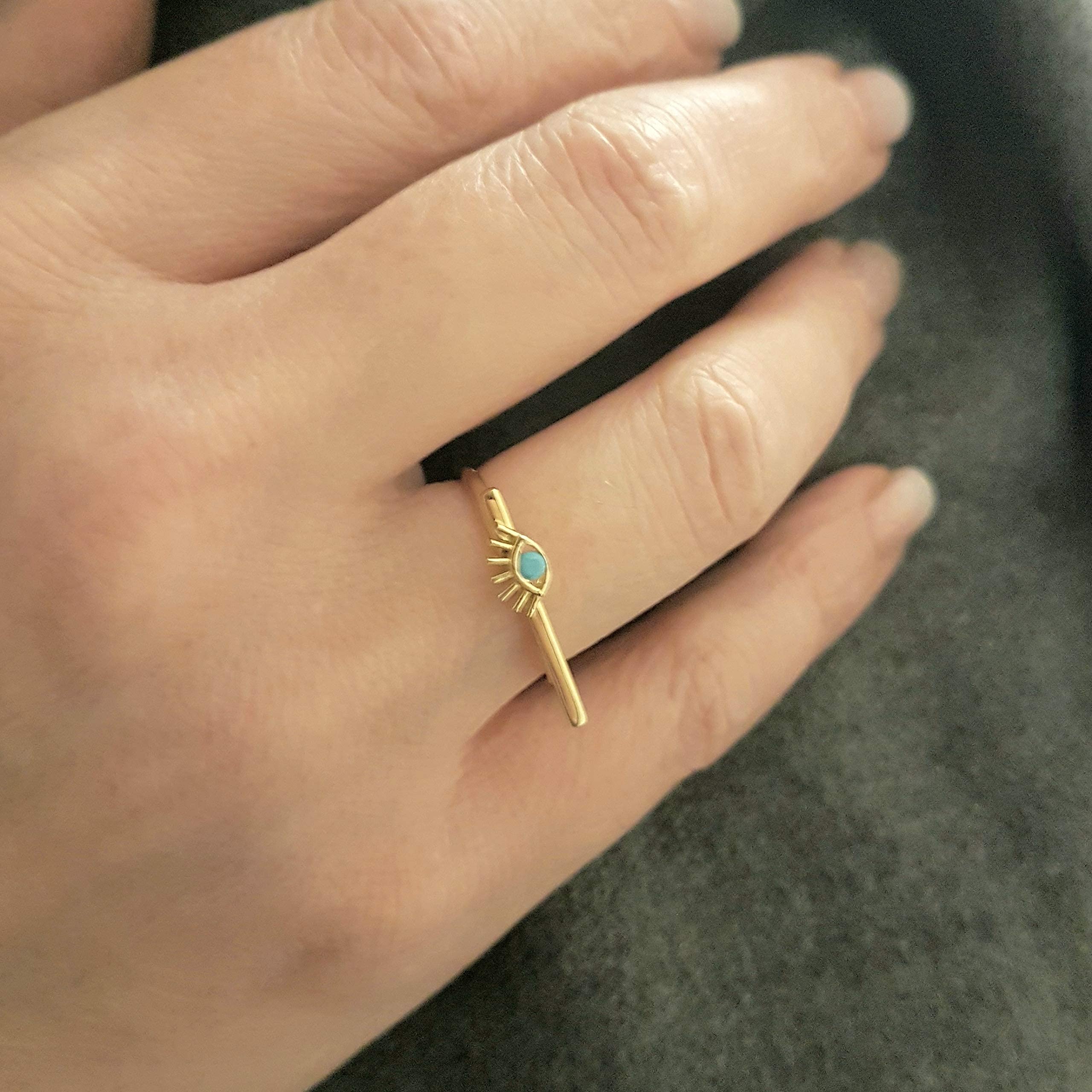 14K Solid Gold Long Bar Eyelash Ring for Women | Turquoise December Birthstone Jewelry, Dainty Stackable Ring, Perfect Anniversary & Christmas Gift for Mom, Wife, Girlfriend – Ideal for Everyday Wear, Date Nights & Special Occasions