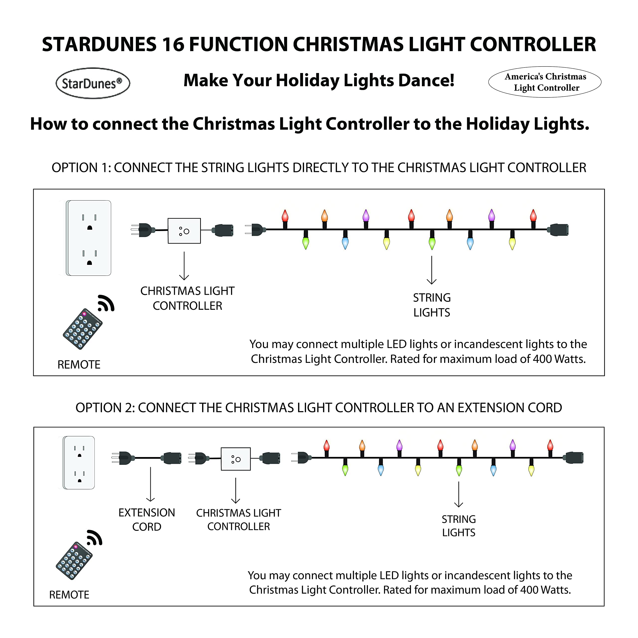 Christmas Light Controller - 16 Dazzling Flash/Fade Modes, 5 Timer Settings, Full Function Remote for Holiday Decorations & Indoor/Outdoor Lighting