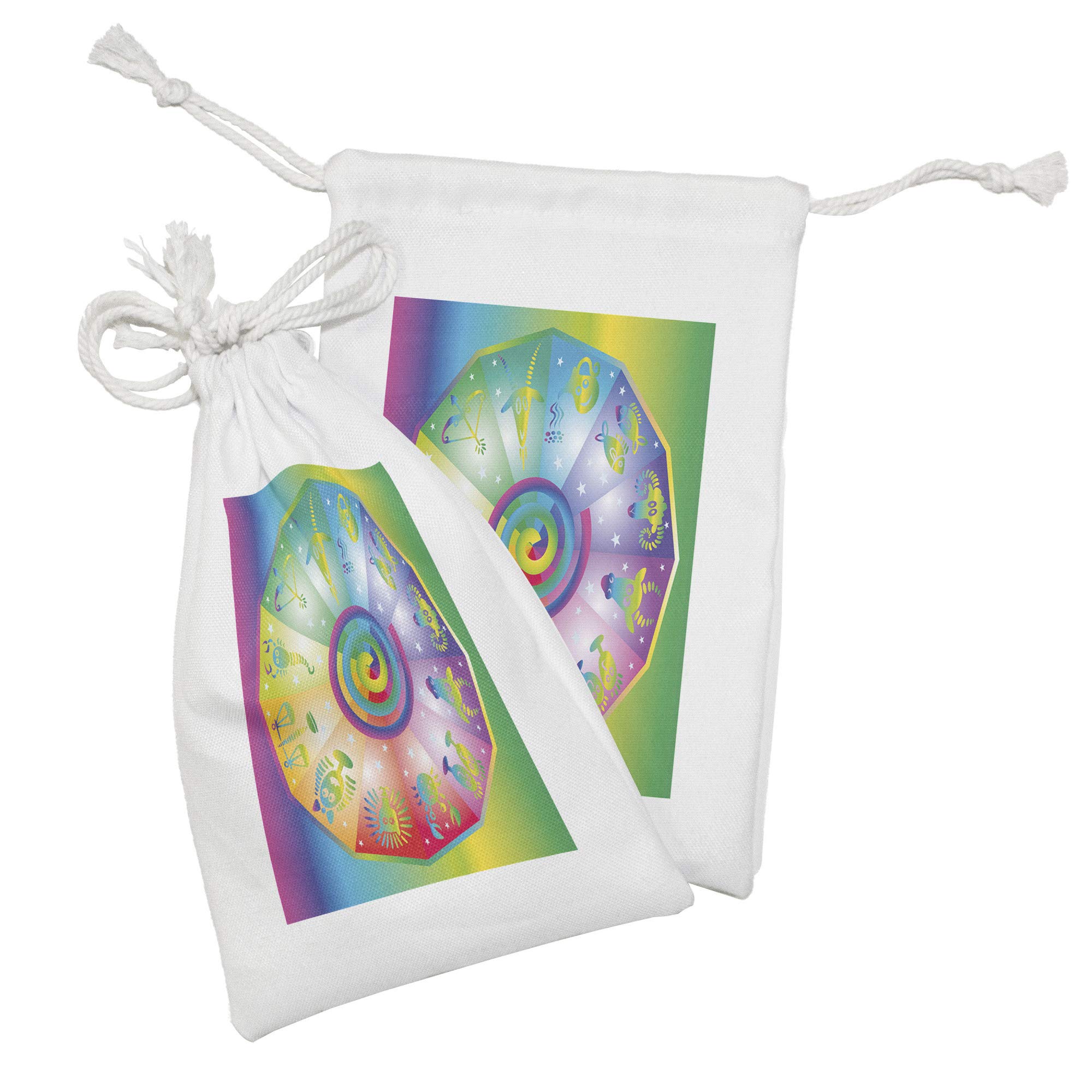 Ambesonne Astrology Fabric Pouch Set of 2 - Hippie Style Rainbow Stars Drawstring Bags with Zodiac Signs (9