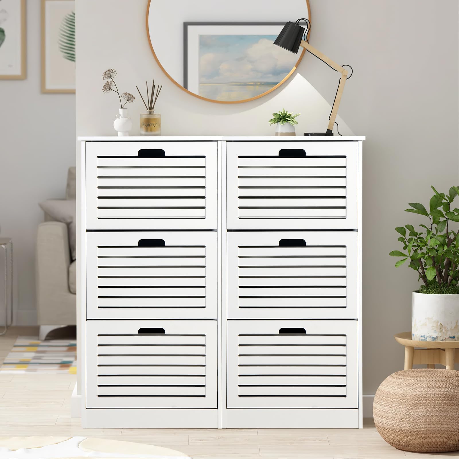 Modern White Shoe Storage Cabinet with 3 Flip Louvered Doors & Adjustable Shelf - Entryway Hallway Organizer for Shoes, Hats & Accessories | Perfect for Small Spaces, Apartments & Mudrooms