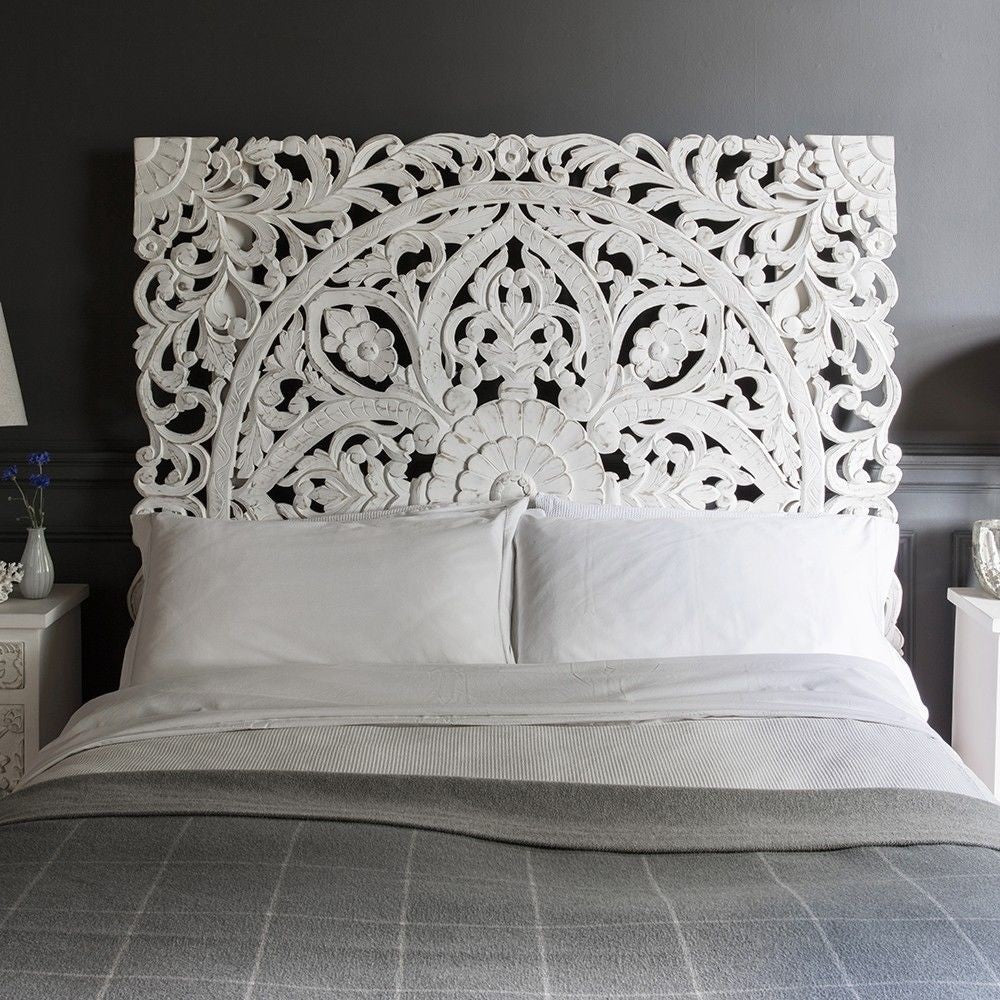Hand Carved Wooden Wall Panel Headboard - White Queen Size Bed Headboard for Master Bedroom, Guest Room & Home Decor