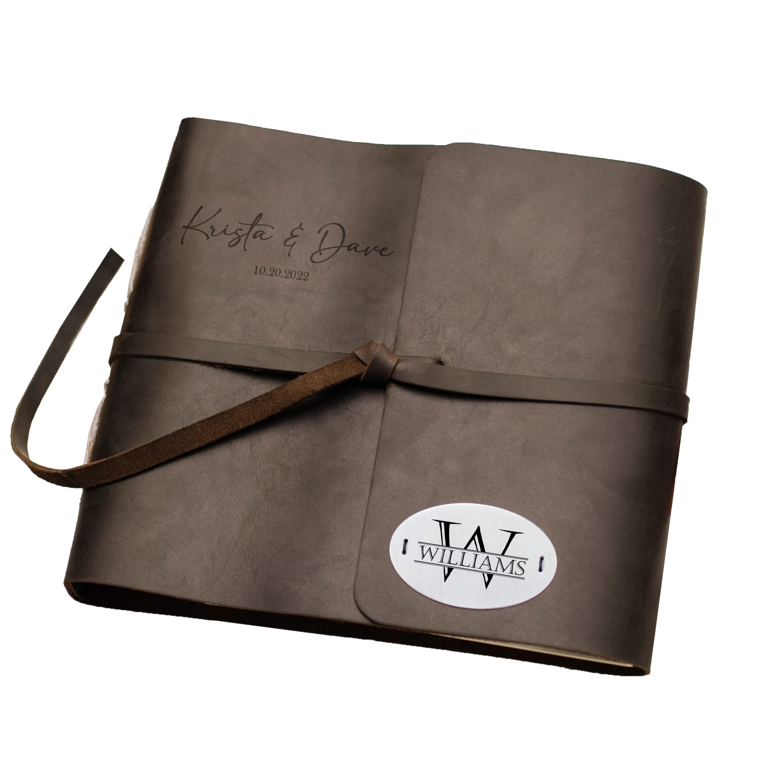 Custom Engraved Leather Photo Album with Metal Plate - Personalized Wedding Guest Book with Names & Date - Rustic Scrapbook for Bridal Shower, Engagement, Anniversary Gifts | Perfect for Couples, Memory Keeping & Special Occasions
