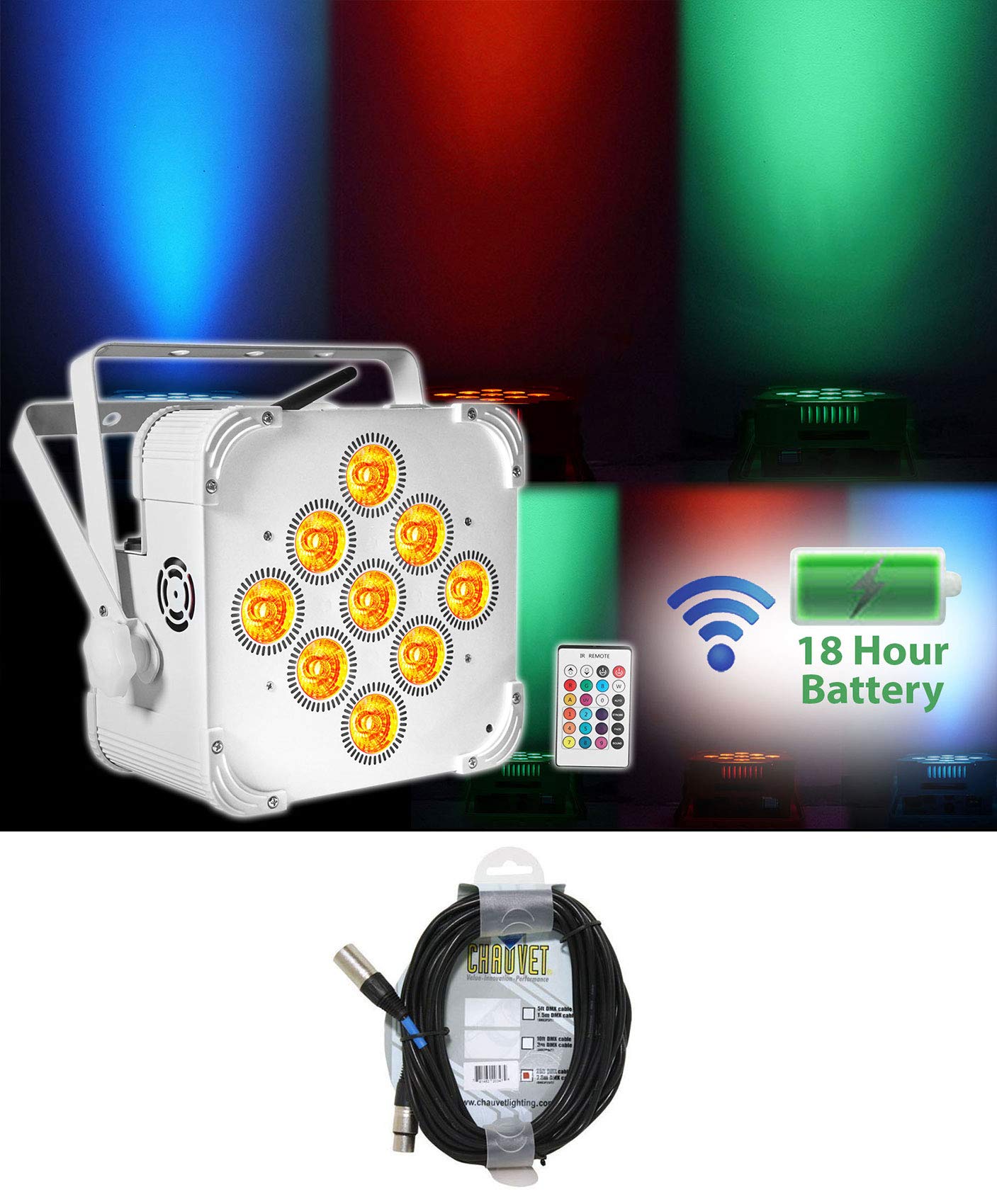 Rockville RGBWA+UV Battery Powered Wireless Wash Par Light with Chauvet Cable - Perfect for DJ Shows, Stage Lighting, and Live Events