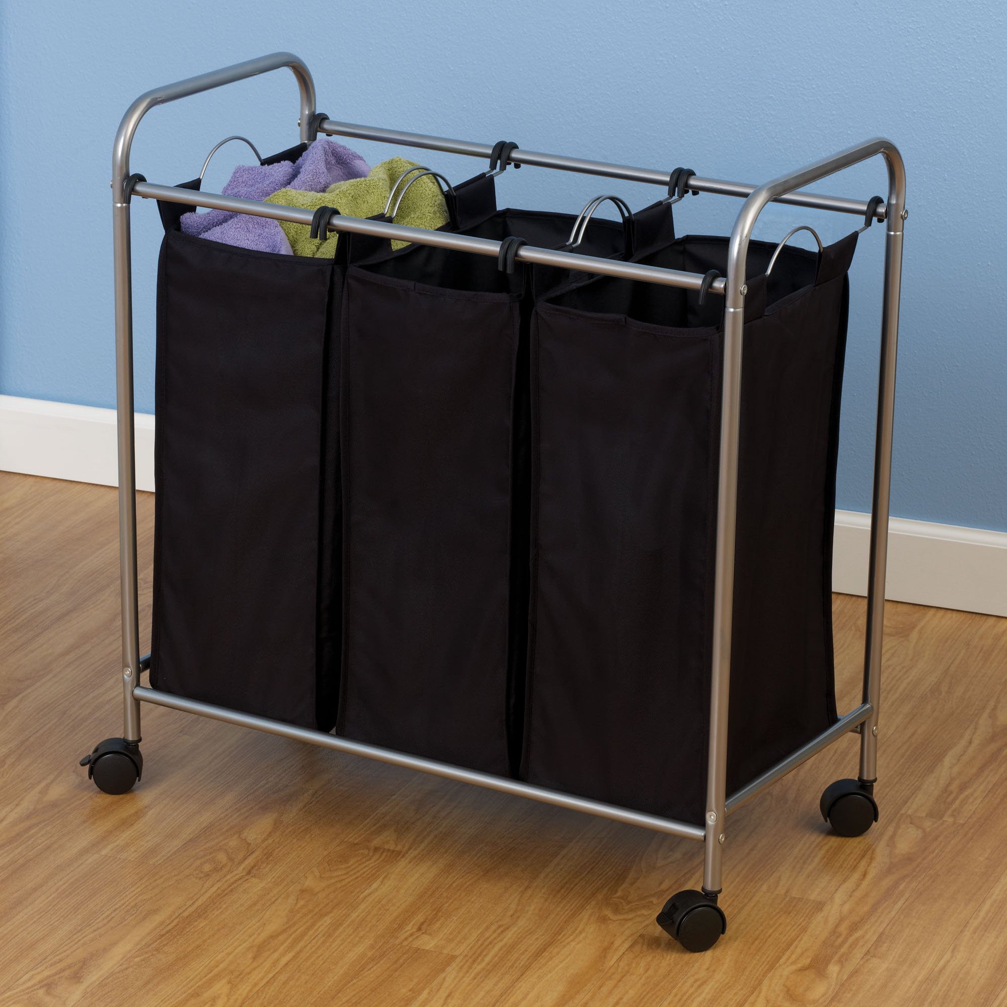 7044 Triple Laundry Sorter with Wheels - Black & Grey Hamper for Bedroom, Laundry Room & Dorm Organization | Foldable Clothes Basket for Easy Sorting & Storage