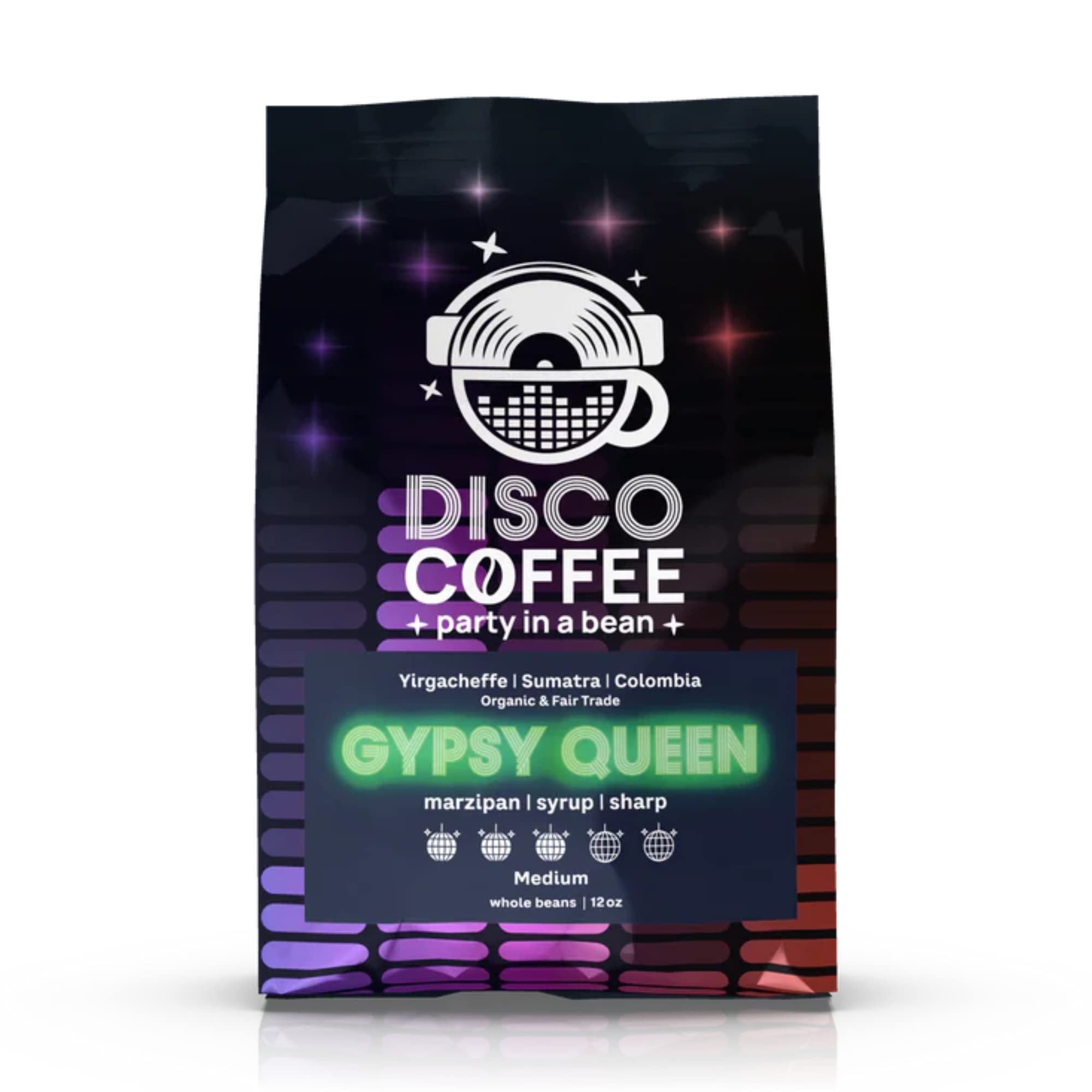 Disco Coffee Organic Medium Roast Gypsy Queen Blend - Premium Sumatra, Ethiopian Yirgacheffe & Colombian Coffee (12oz) - Perfect for Home Coffee Makers & French Press Brewing