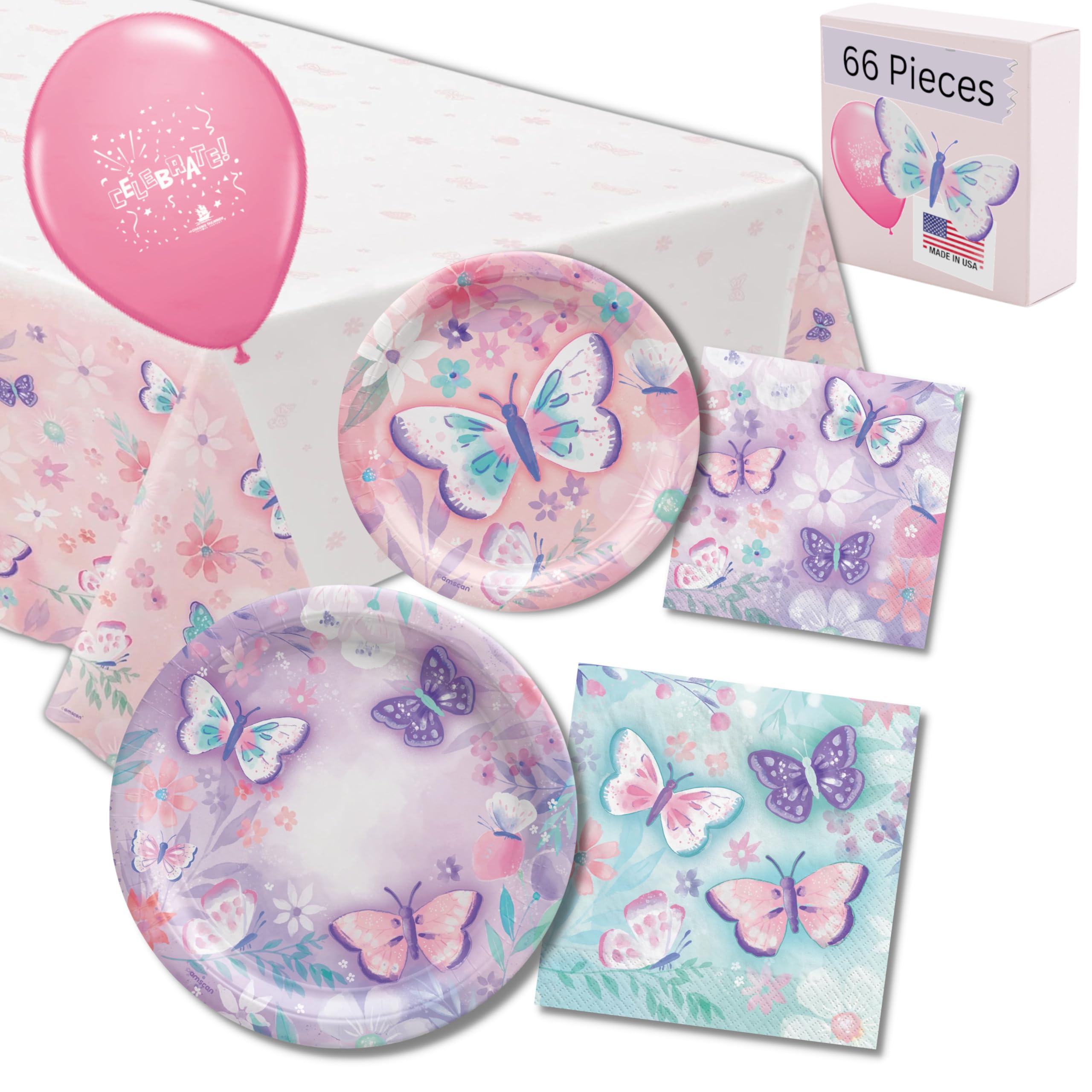 Butterfly Themed Party Decorations & Tableware Set - 16-Piece Kit with Paper Plates, Napkins & Plastic Tablecloth in Purple, Pink & Teal | Perfect for Birthday Parties, Baby Showers & Garden Celebrations