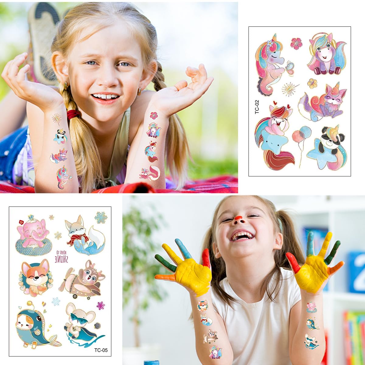 MAYCREATE® Glitter Temporary Tattoos for Women & Girls - Fake Body Art Stickers for Face, Arms, Legs - Cartoon Animal Designs for Rave Parties, Halloween Costumes & Festival Makeup - Perfect for Cosplay, Music Festivals and Themed Events