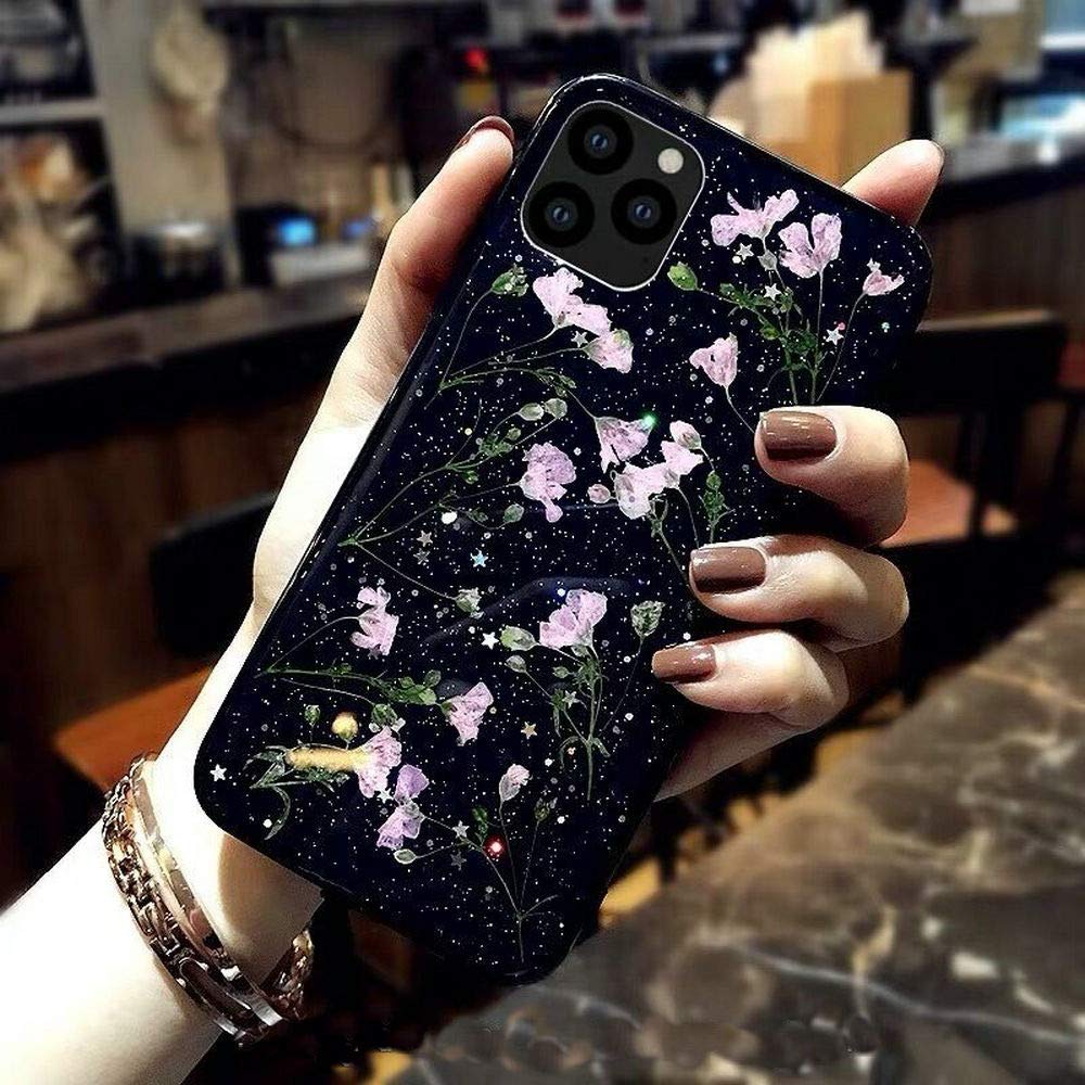 Shinymore iPhone 11 Pro Max Floral Case with Real Pressed Flowers - Sparkle Glitter Flexible Soft Rubber Cover for Women (Flower-Black) - Perfect for Everyday Use, Gift Giving & Special Occasions