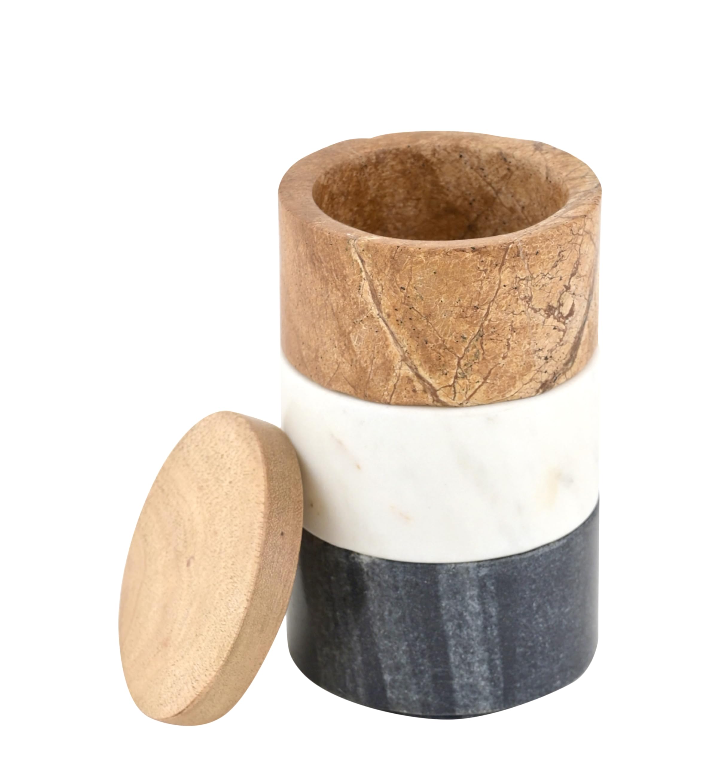 Premium Marble Salt Cellar Set with Wood Lid - 3-Piece Stackable Spice Containers (White, Gray, Forest Brown) for Gourmet Salts, Pepper & Seasonings | Perfect for Kitchen Countertop, Dining Table & Gift Giving