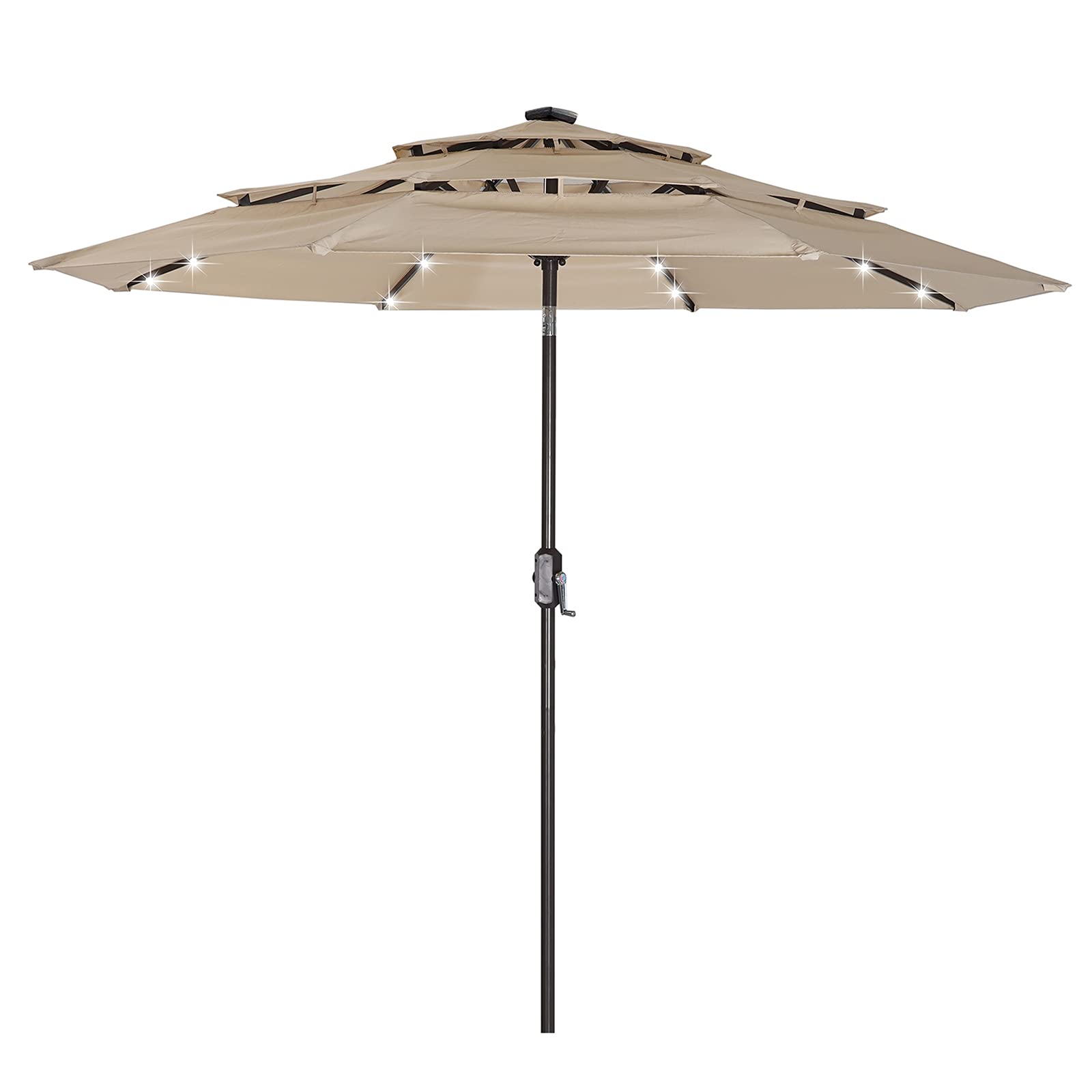 32 LED Solar Powered Outdoor Umbrella with Push Button Tilt & Crank - 3 Tier 8 Rib Waterproof Patio Canopy for Garden, Poolside, Beach & Backyard Dining
