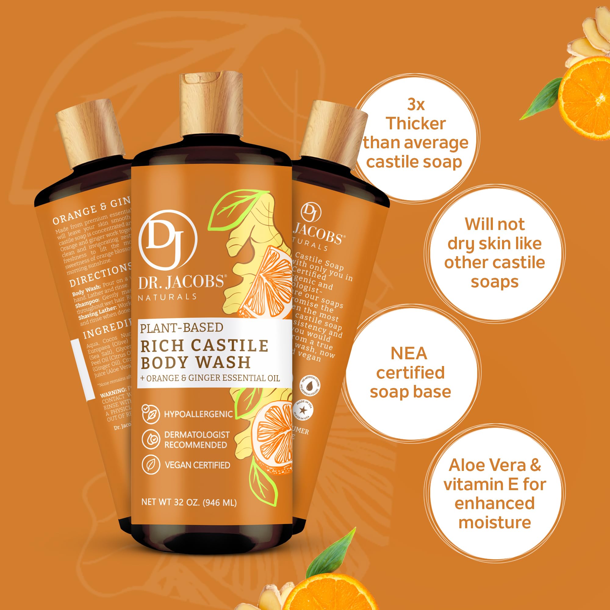 DR. JACOBS NATURALS Castile Orange & Ginger All-Natural Body Wash & Shampoo - Moisturizing for Dry & Sensitive Skin, Plant-Based Ingredients, Gluten-Free, Preservative-Free - 32 oz (Pack of 3) | Gentle Cleansing for Daily Shower & Hair Care